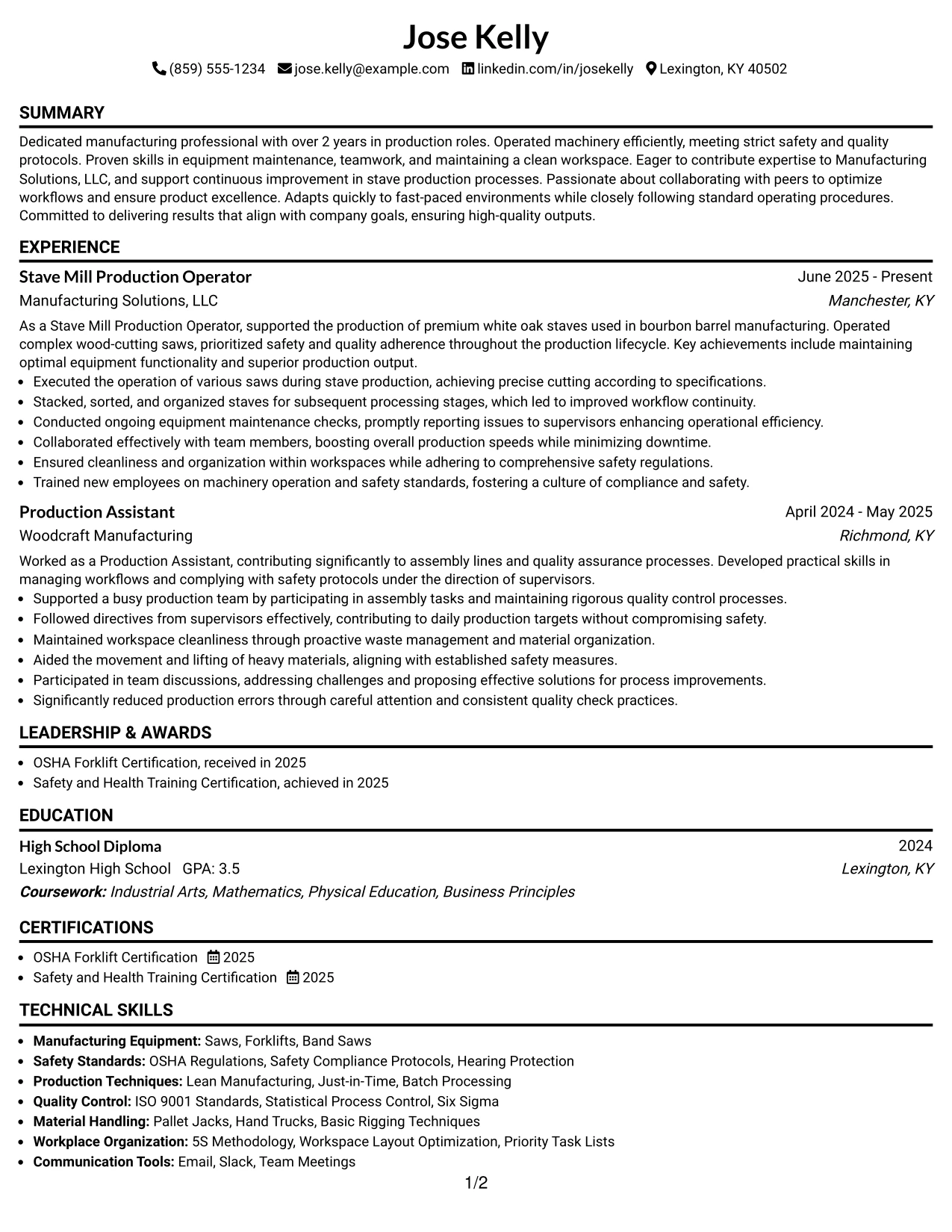 Resume Example Page 1