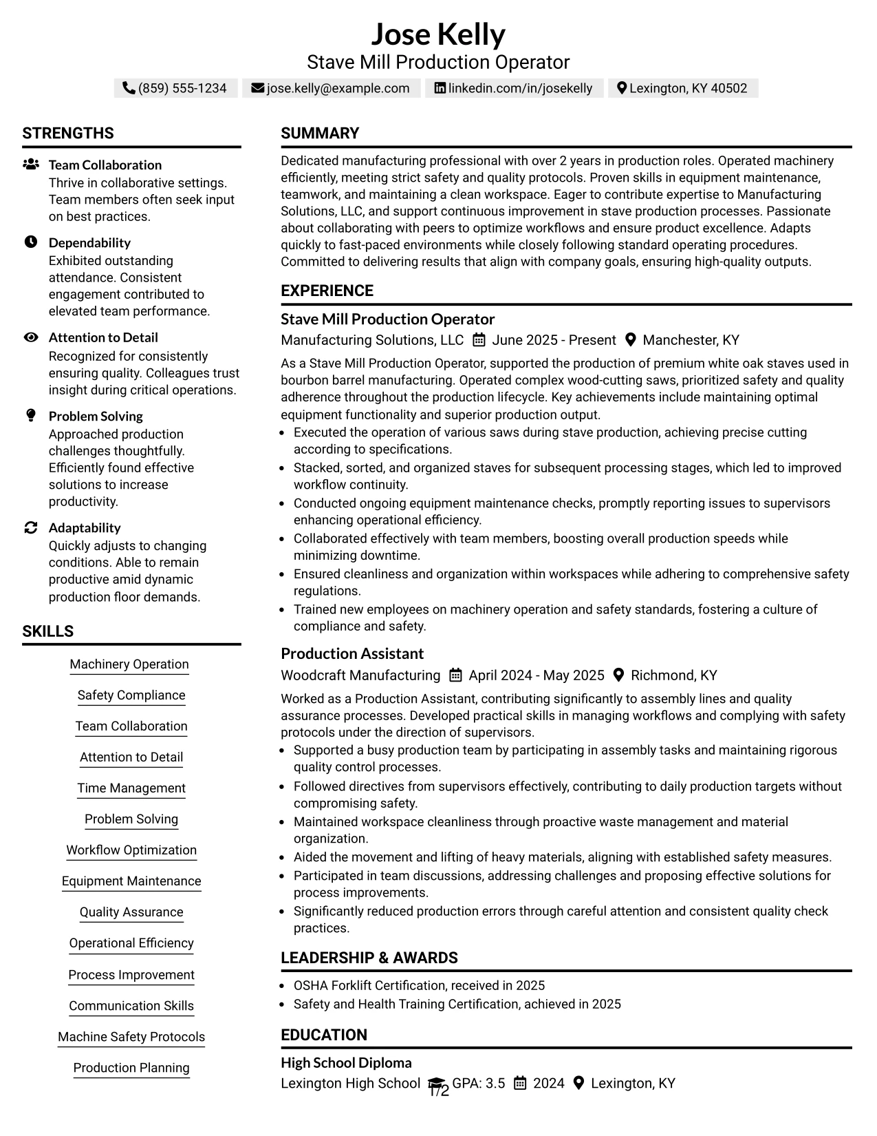 Resume Example Page 1