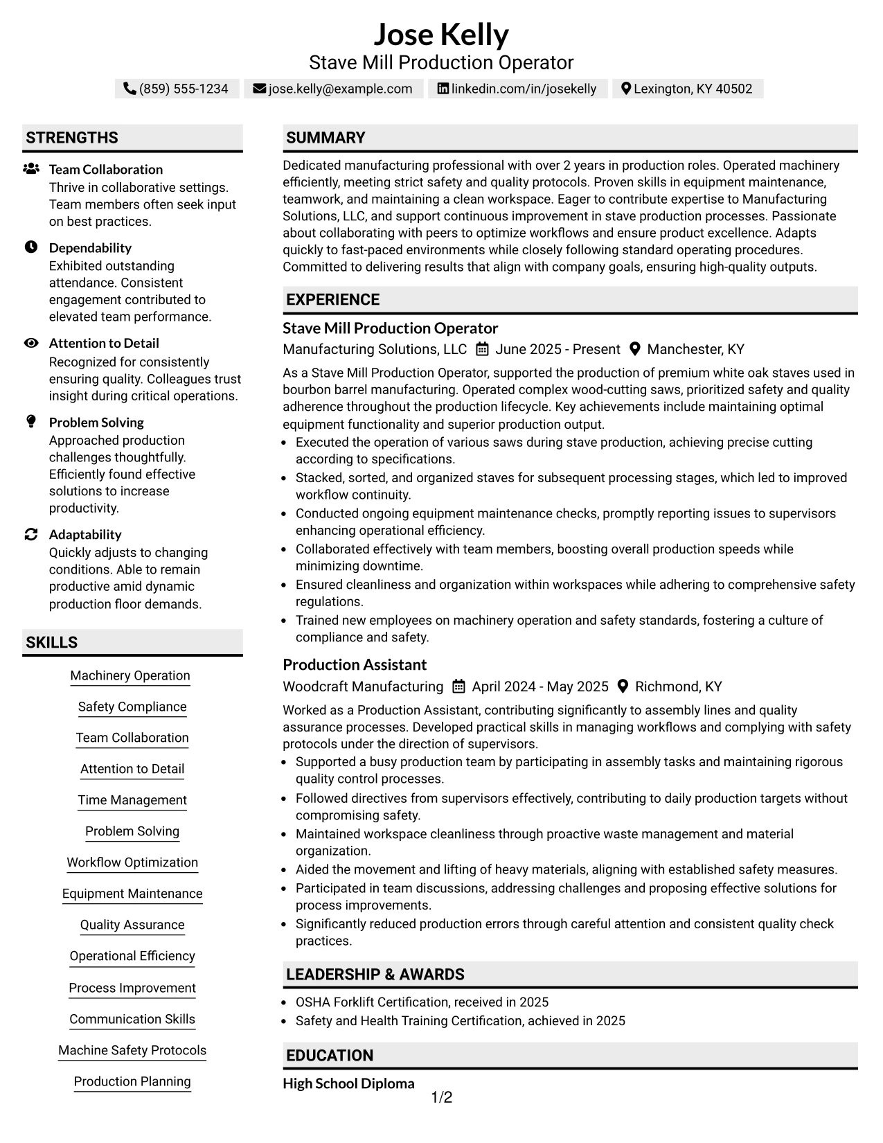 Resume Example Page 1