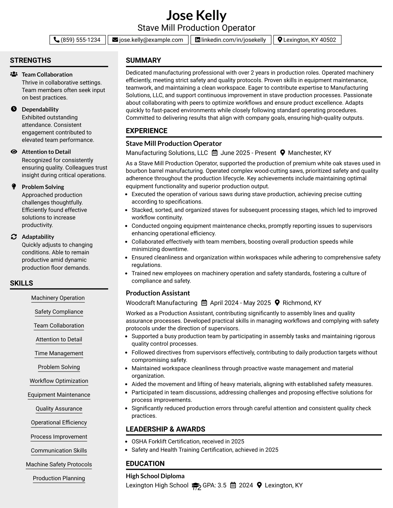 Resume Example Page 1