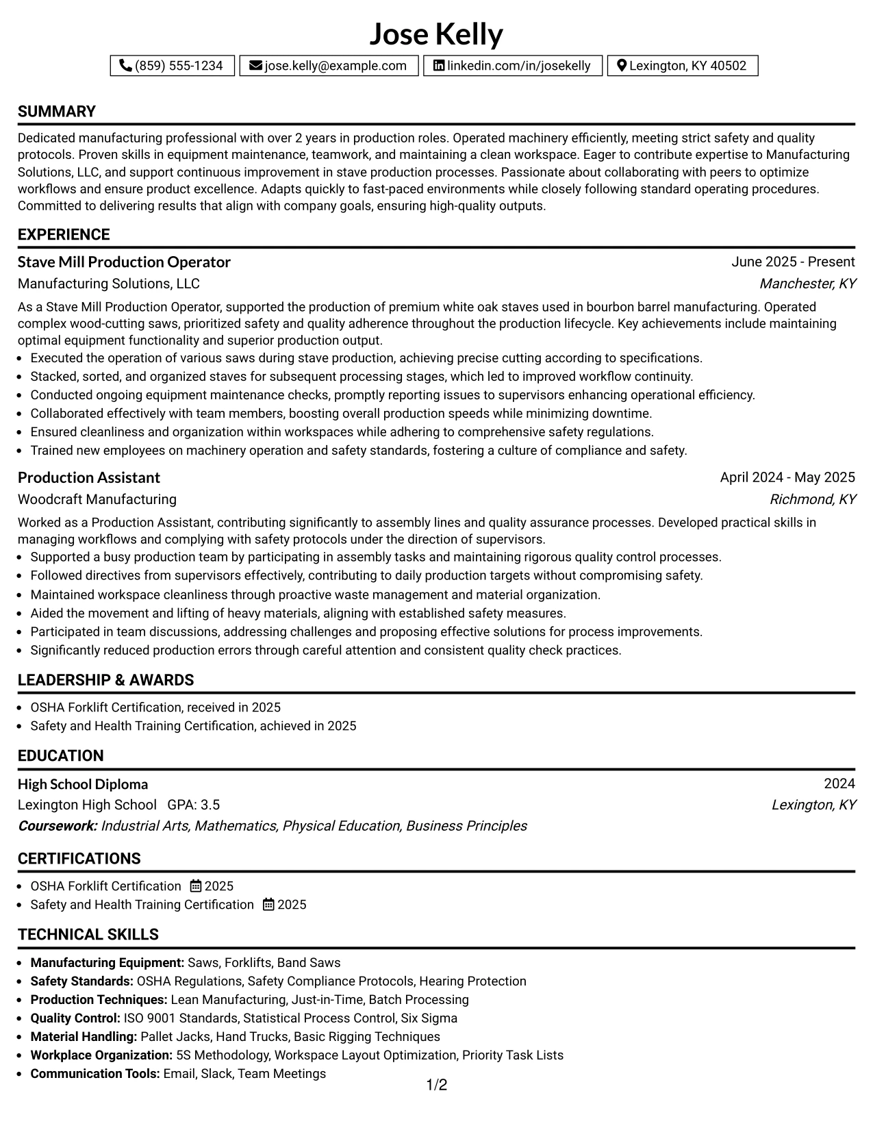 Resume Example Page 1