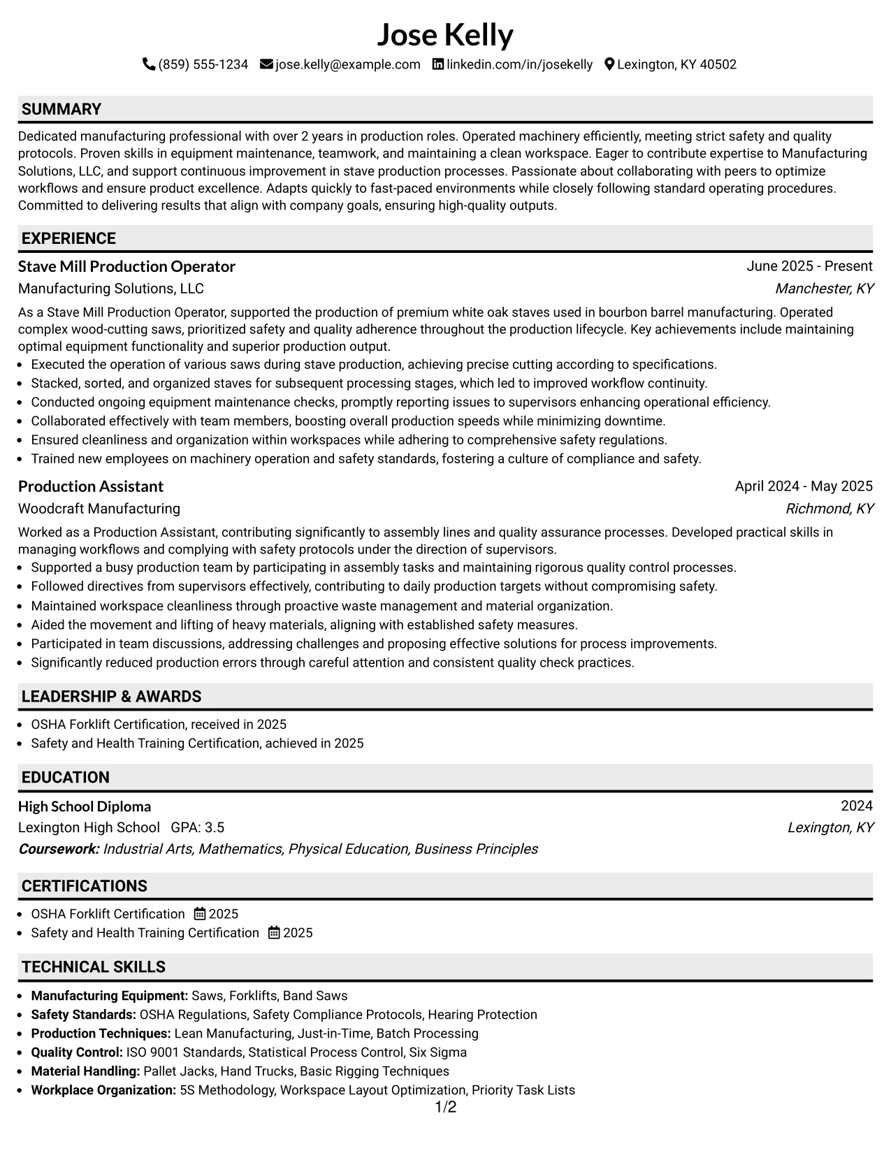 Resume Example Page 1