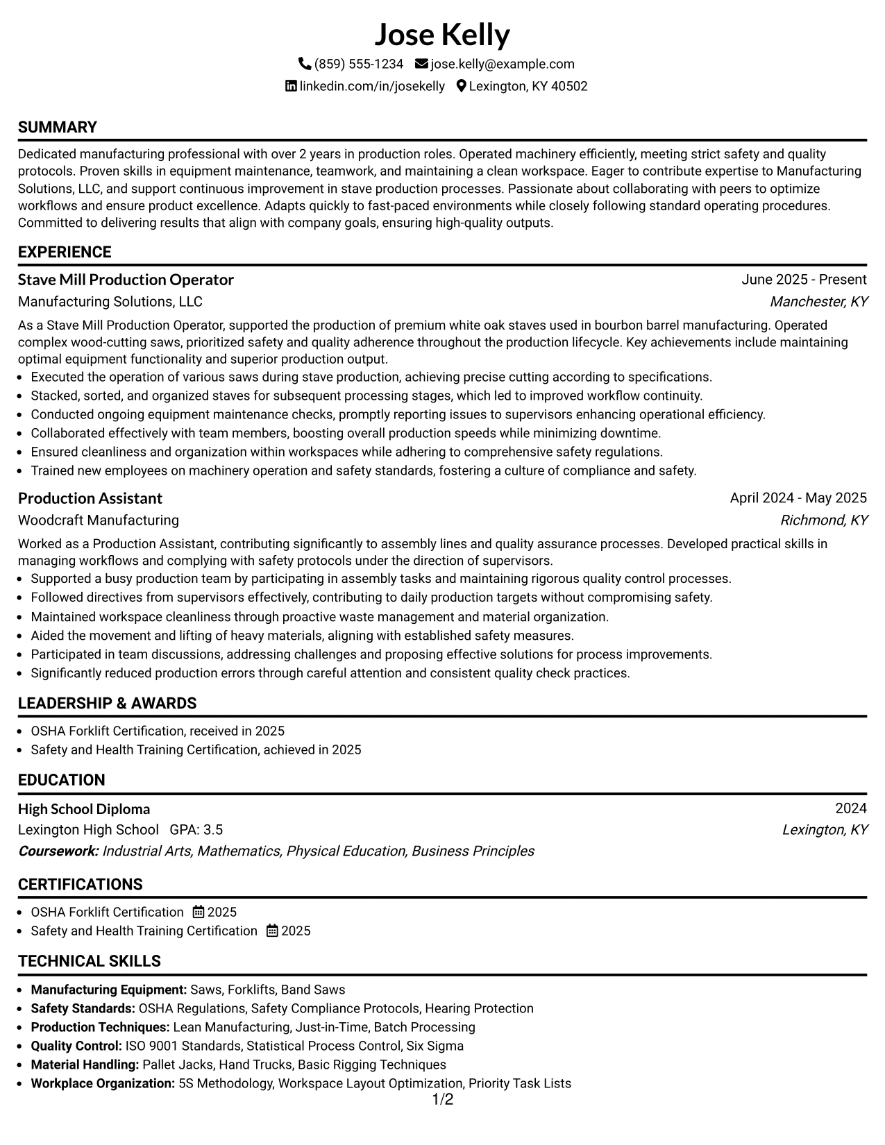 Resume Example Page 1