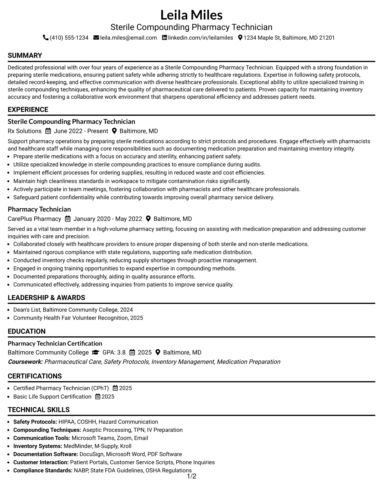 Resume Example Page 1