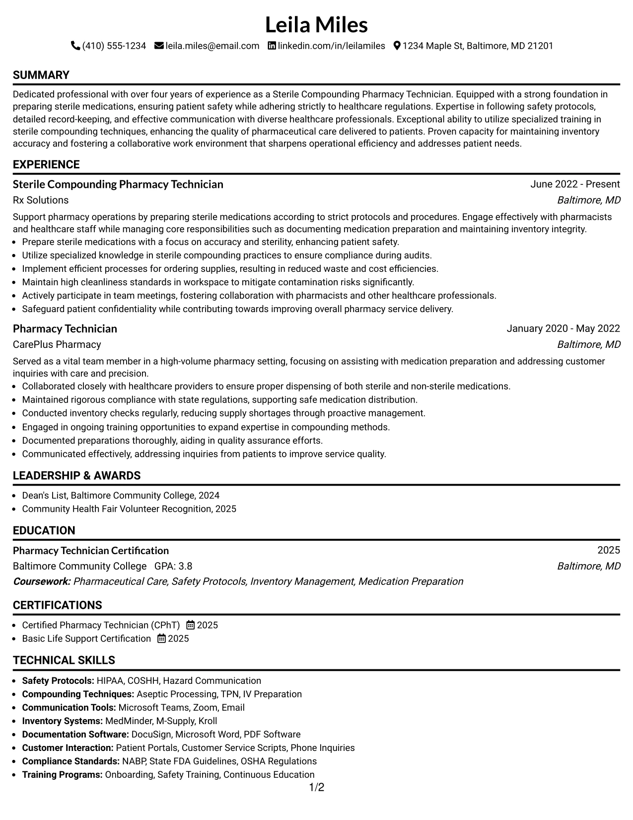 Resume Example Page 1