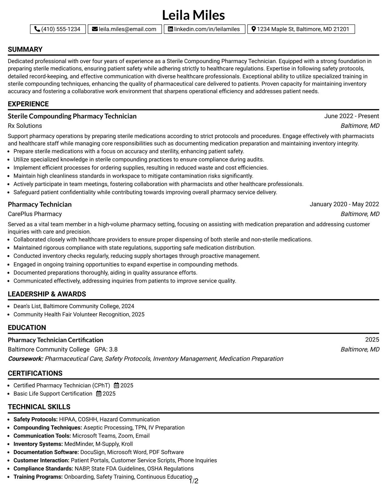 Resume Example Page 1