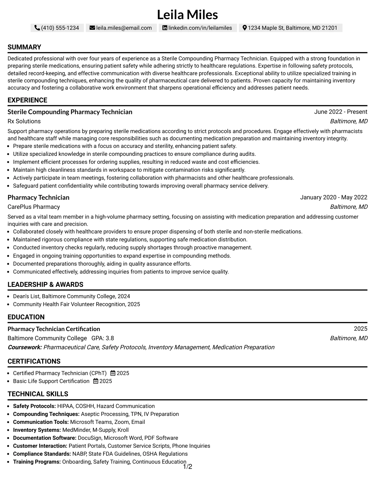 Resume Example Page 1