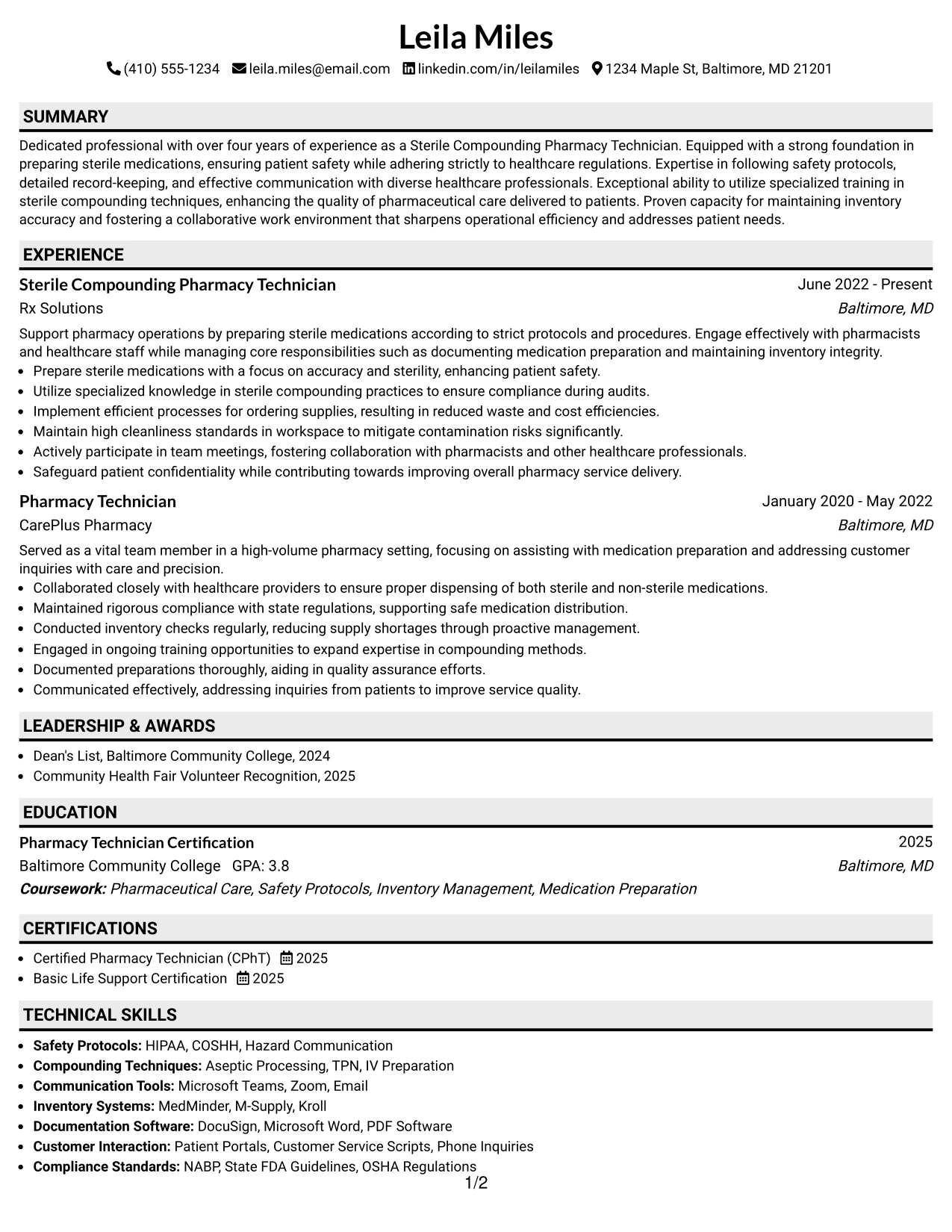 Resume Example Page 1
