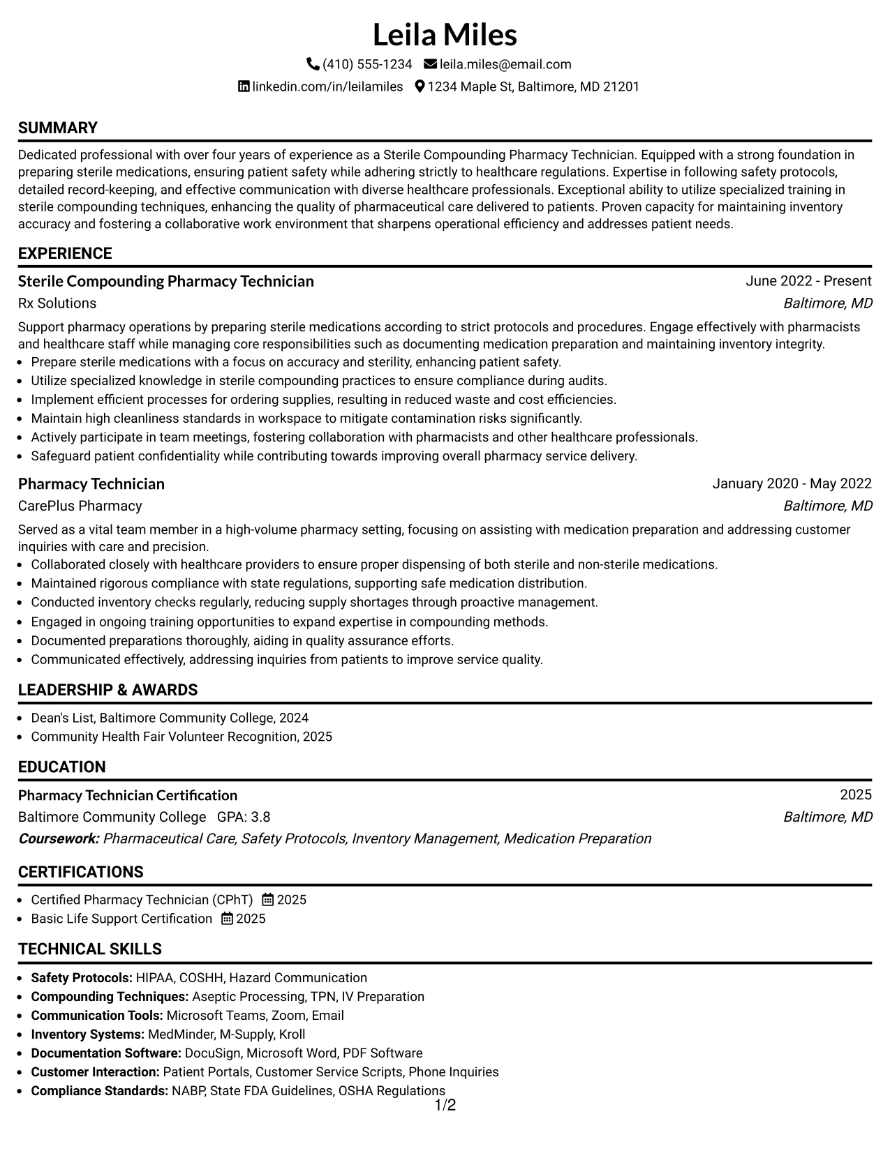 Resume Example Page 1