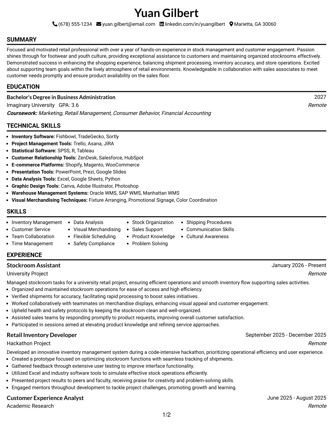 Resume Example Page 1