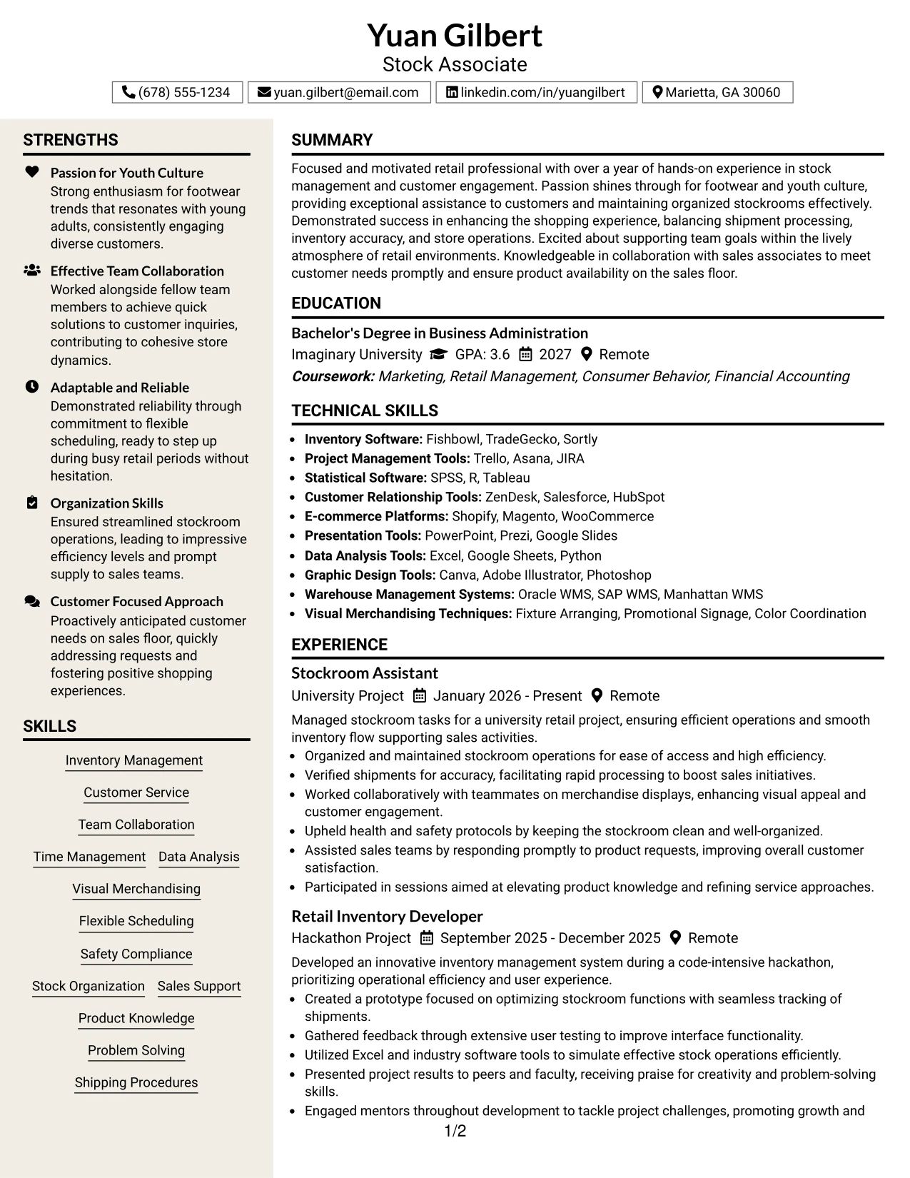 Resume Example Page 1