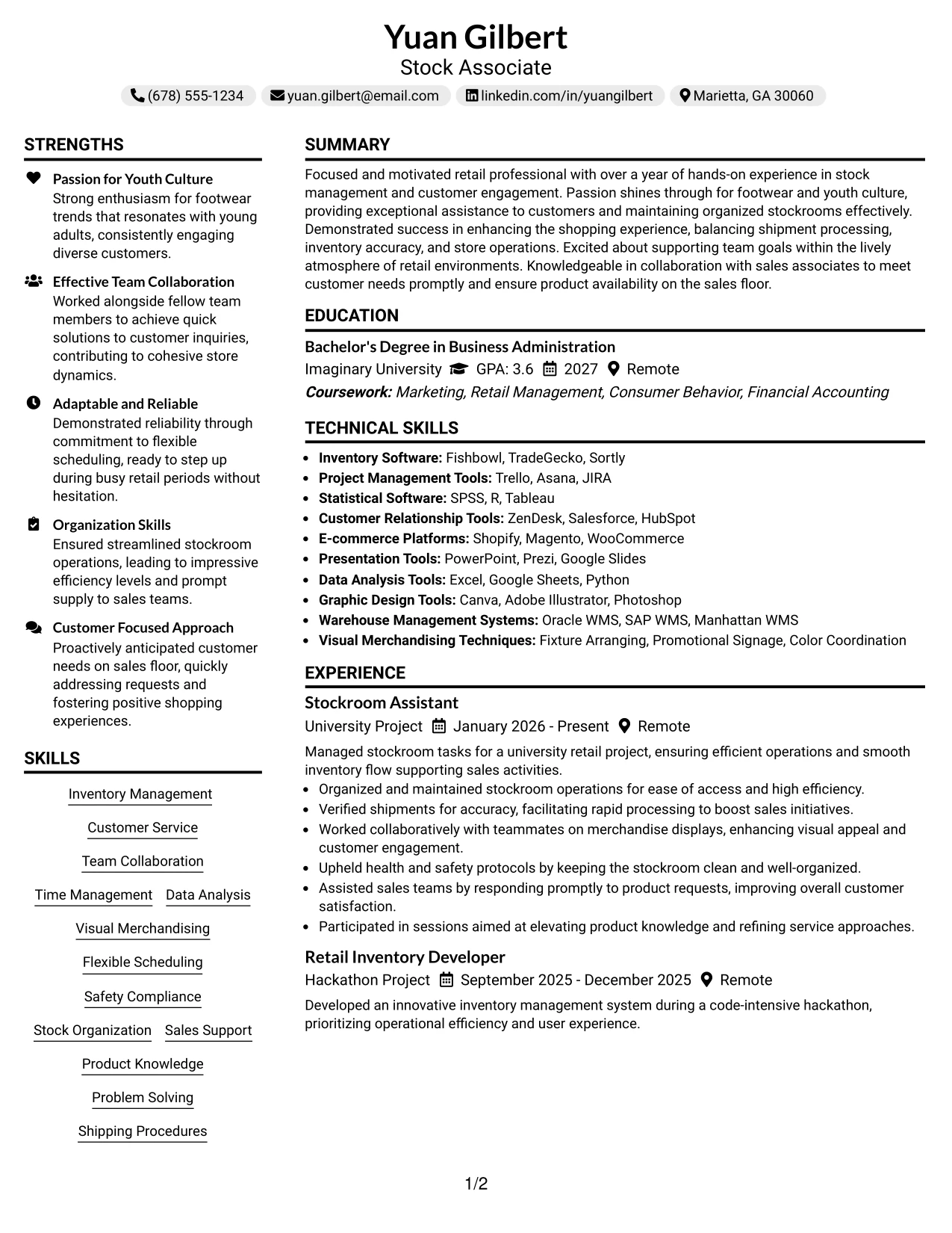 Resume Example Page 1