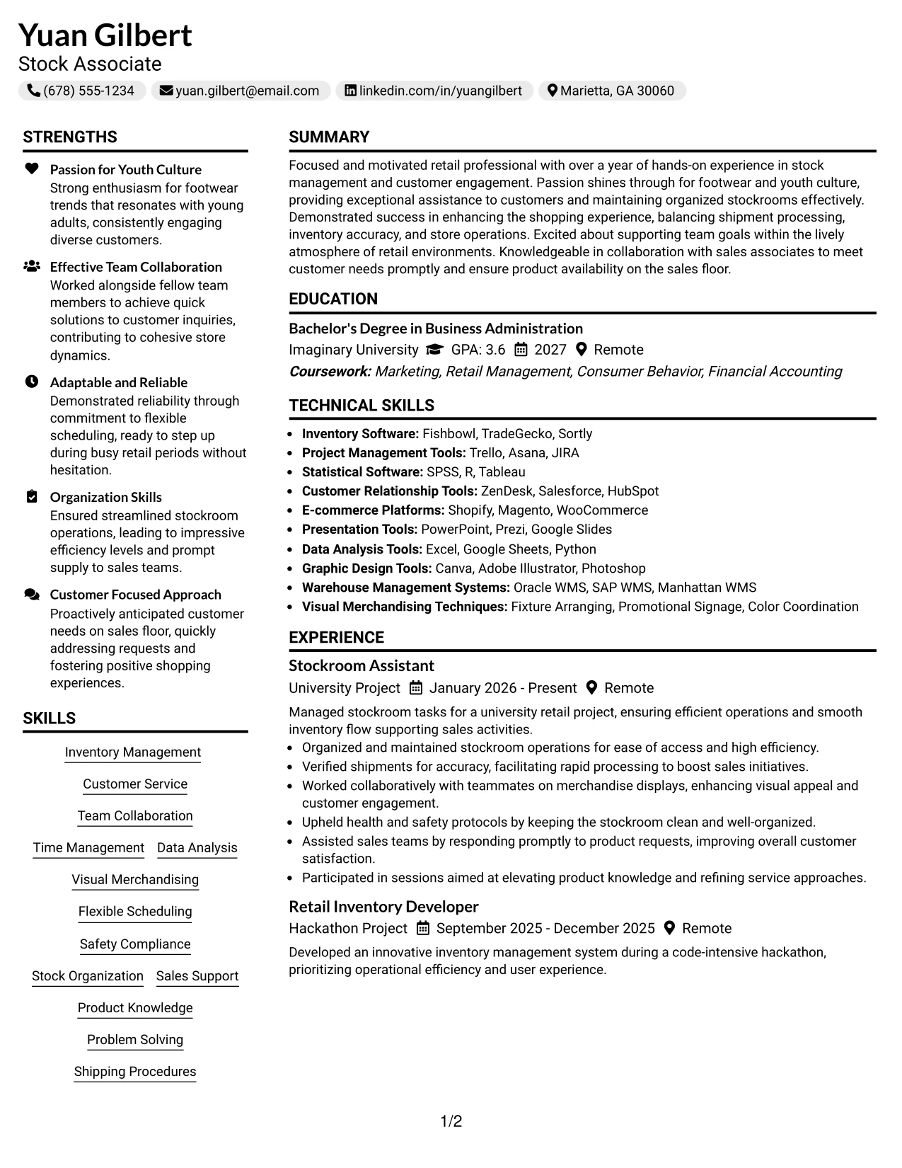 Resume Example Page 1
