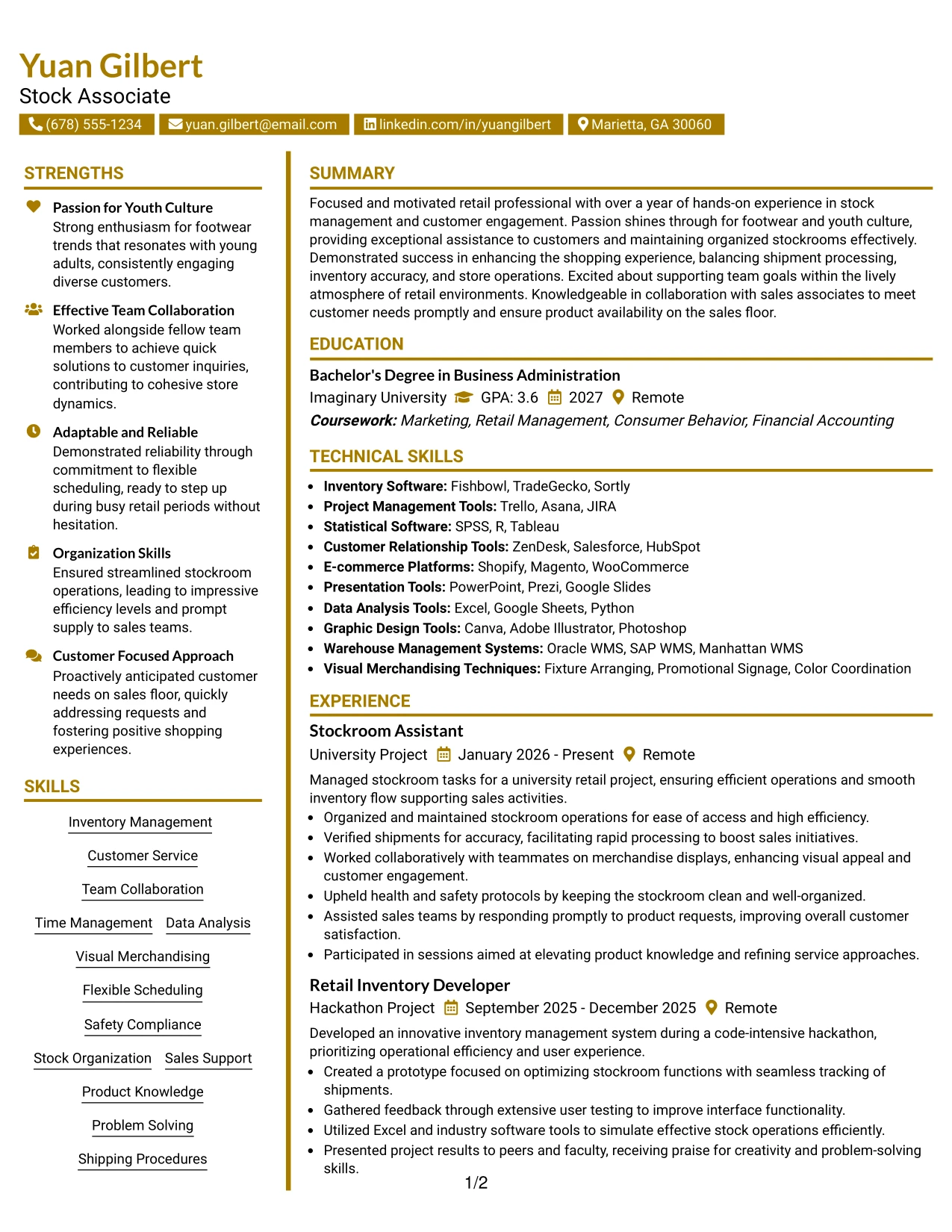 Resume Example Page 1