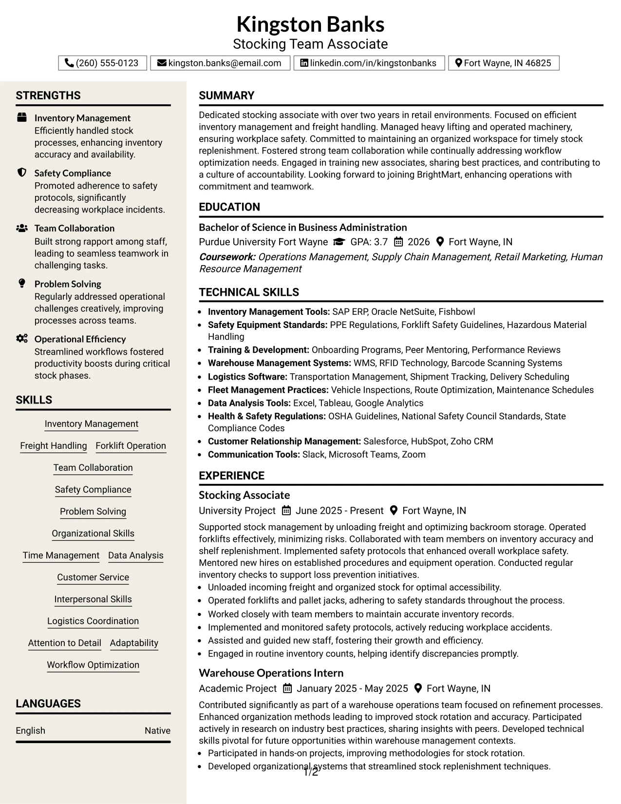 Resume Example Page 1