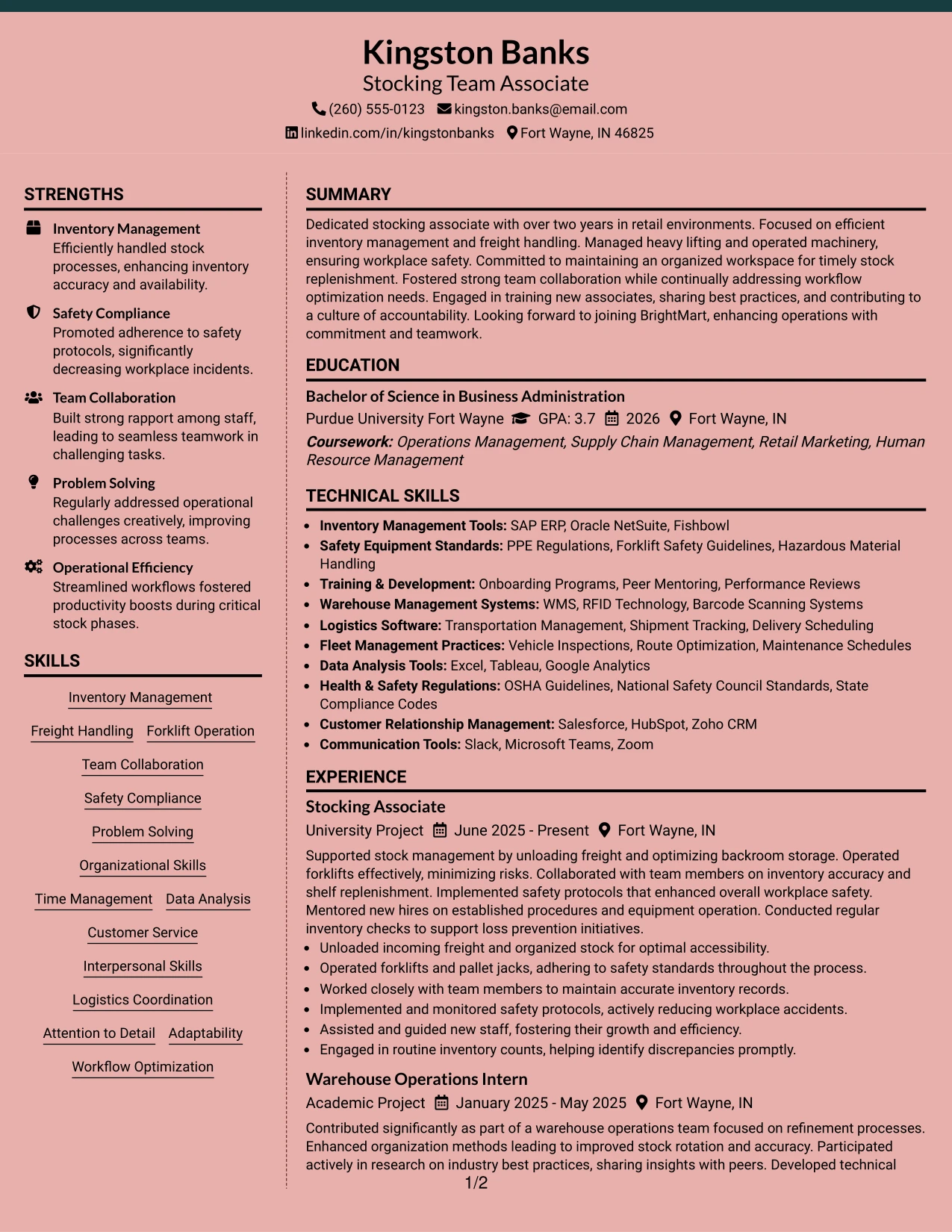 Resume Example Page 1