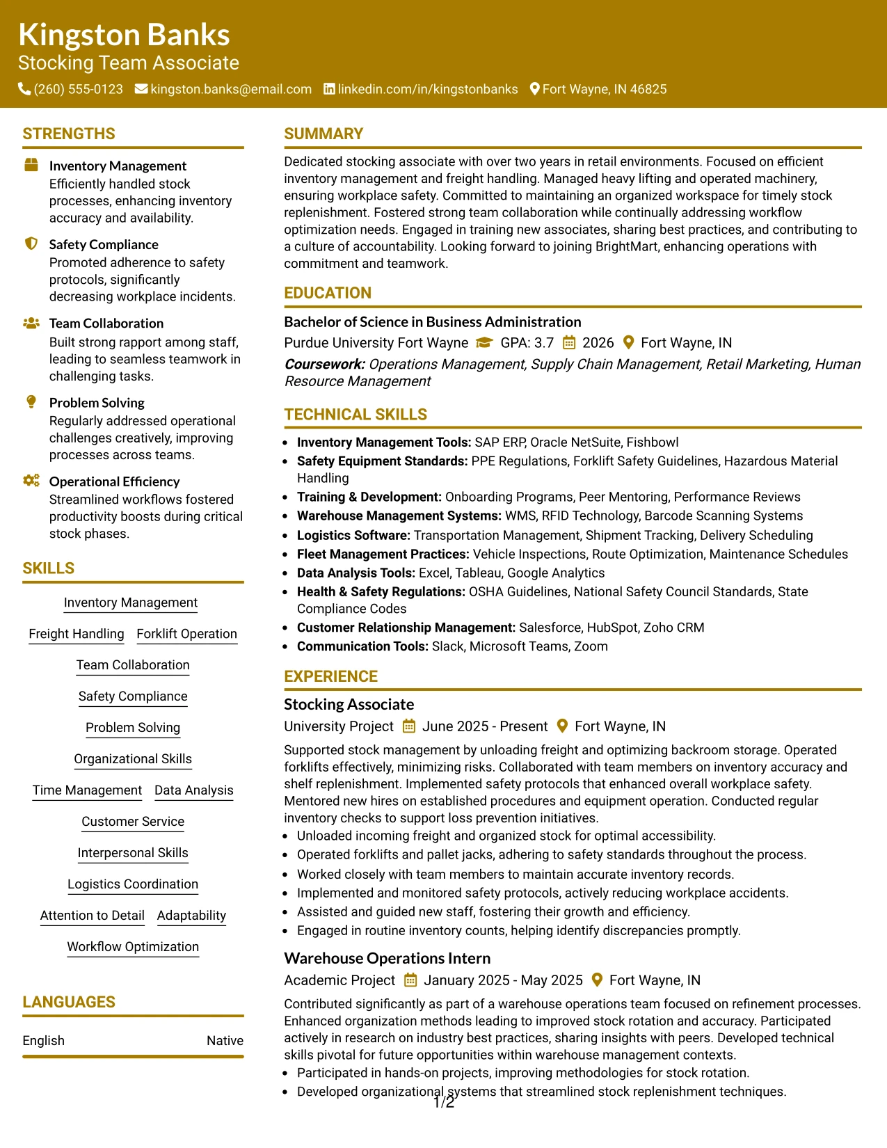 Resume Example Page 1