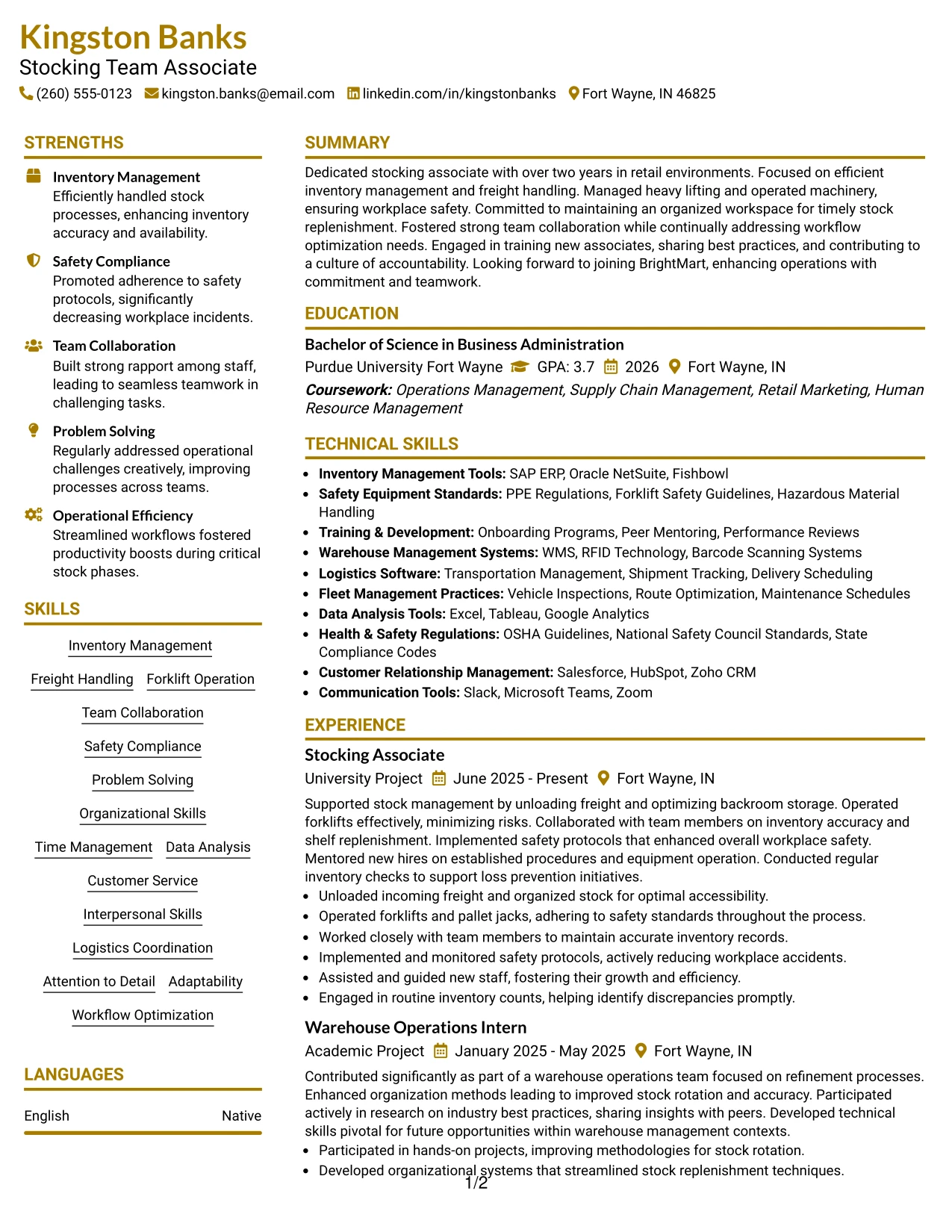 Resume Example Page 1