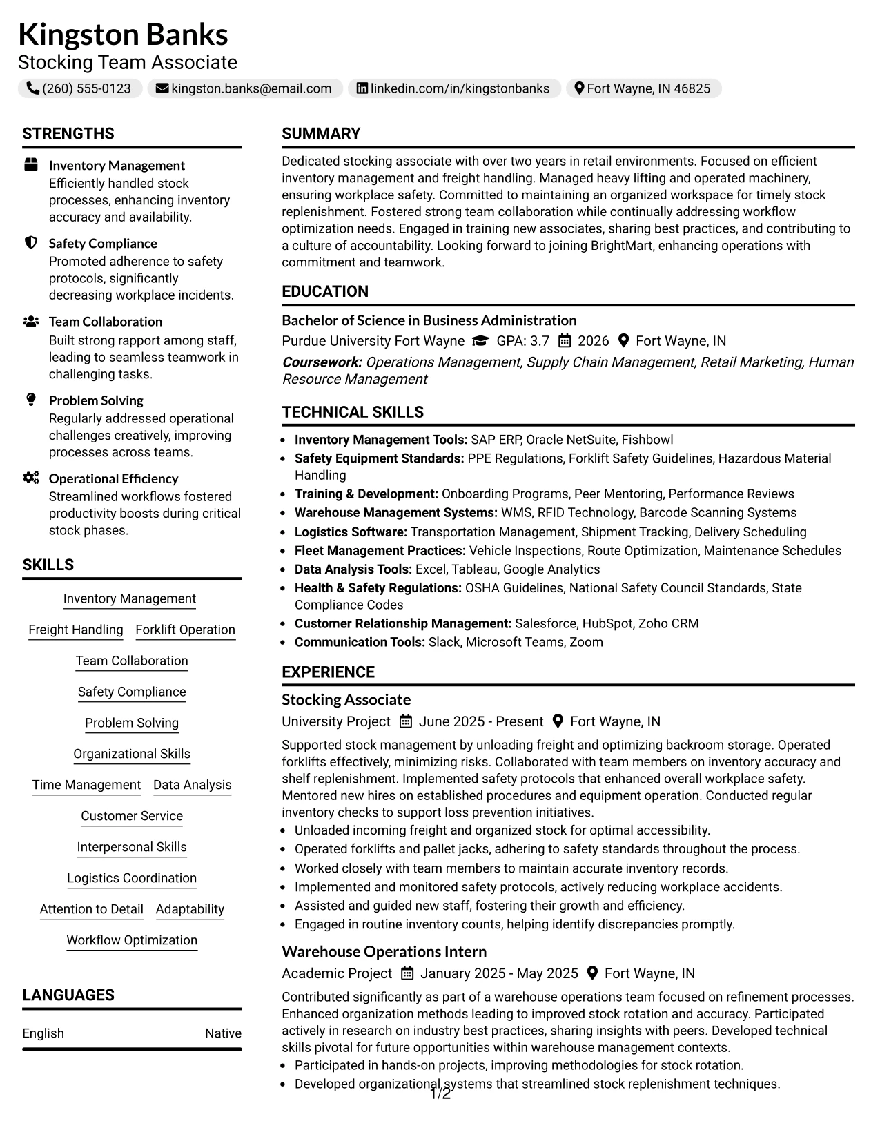 Resume Example Page 1