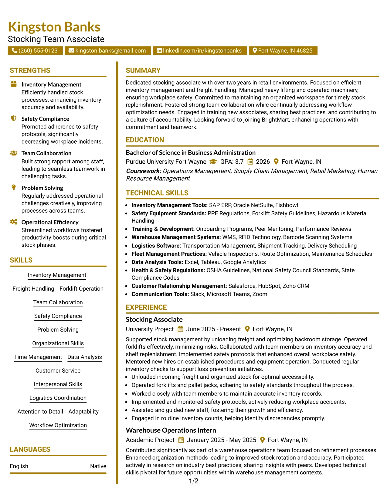 Resume Example Page 1