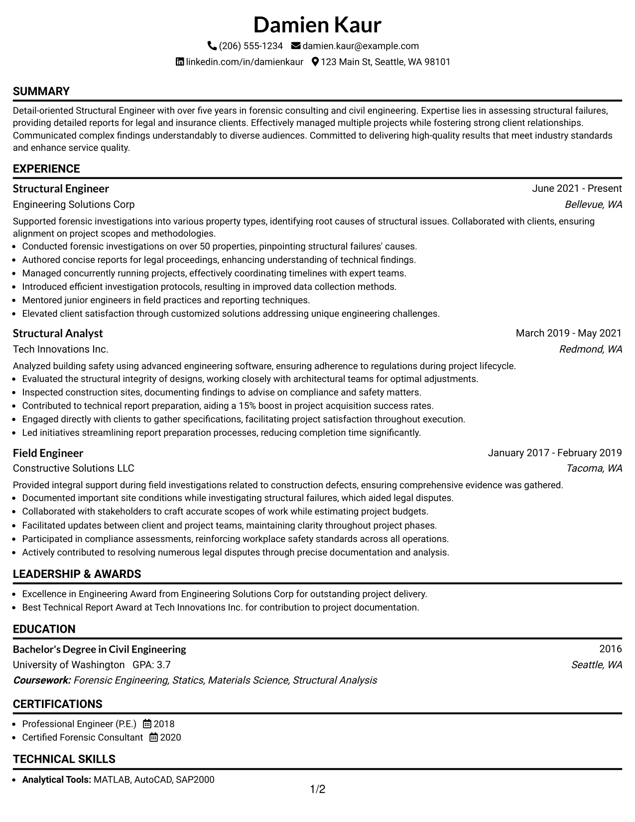 Resume Example Page 1