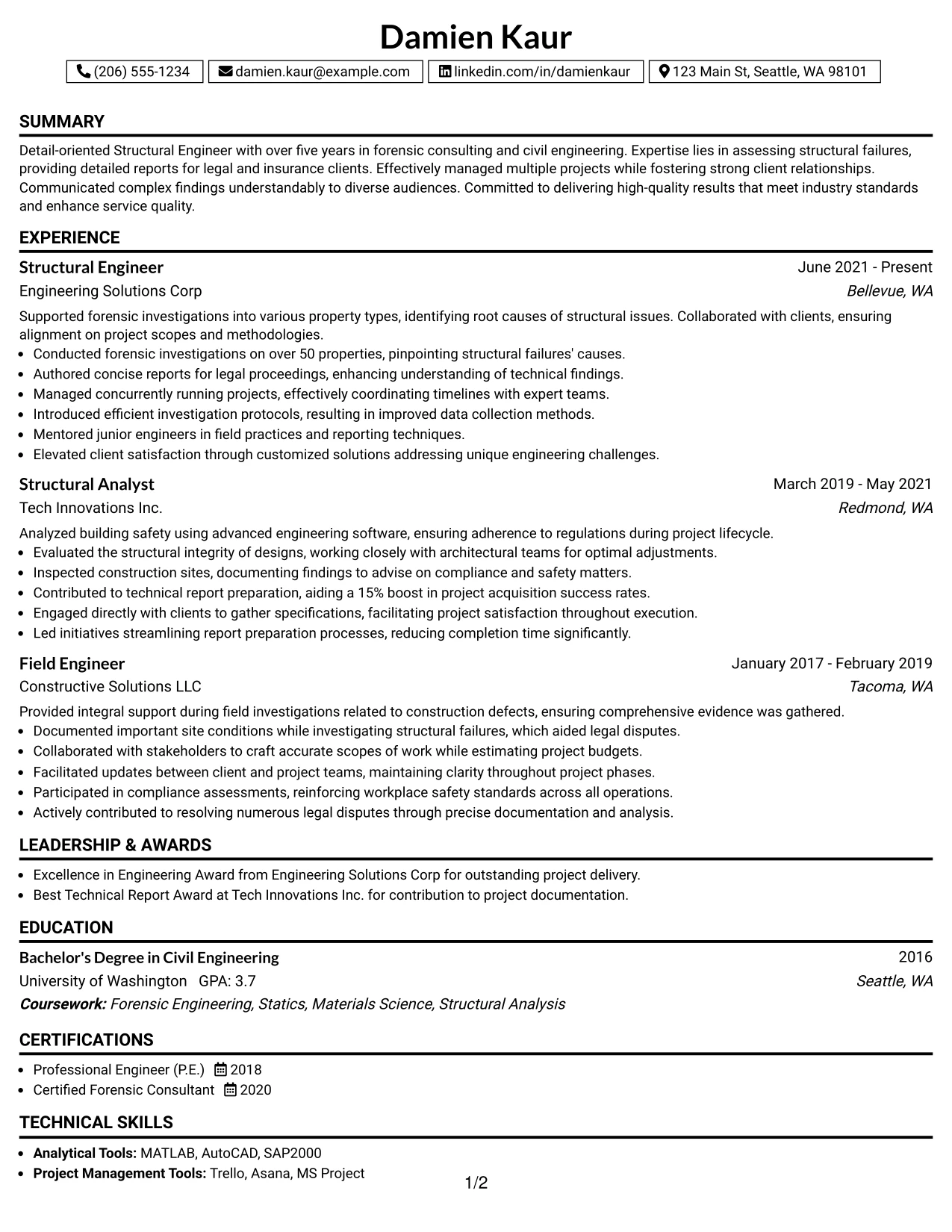 Resume Example Page 1