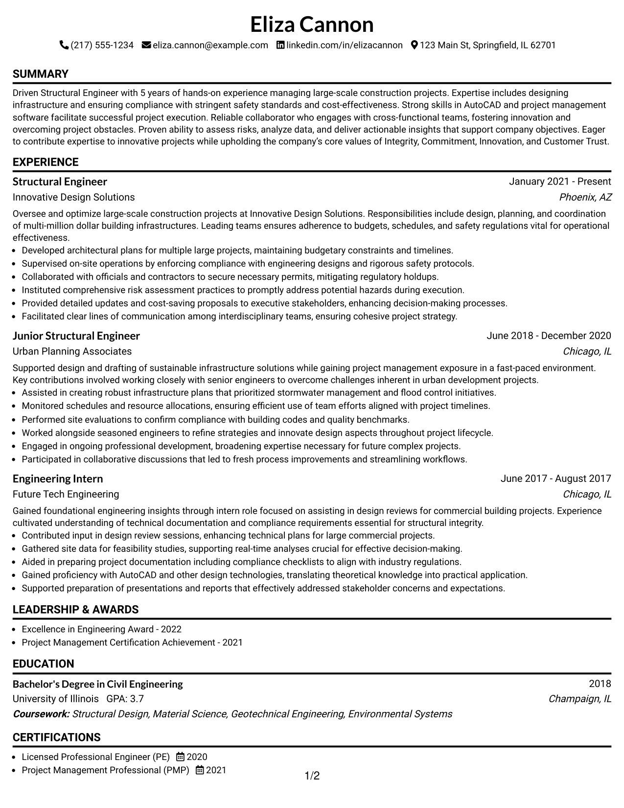 Resume Example Page 1