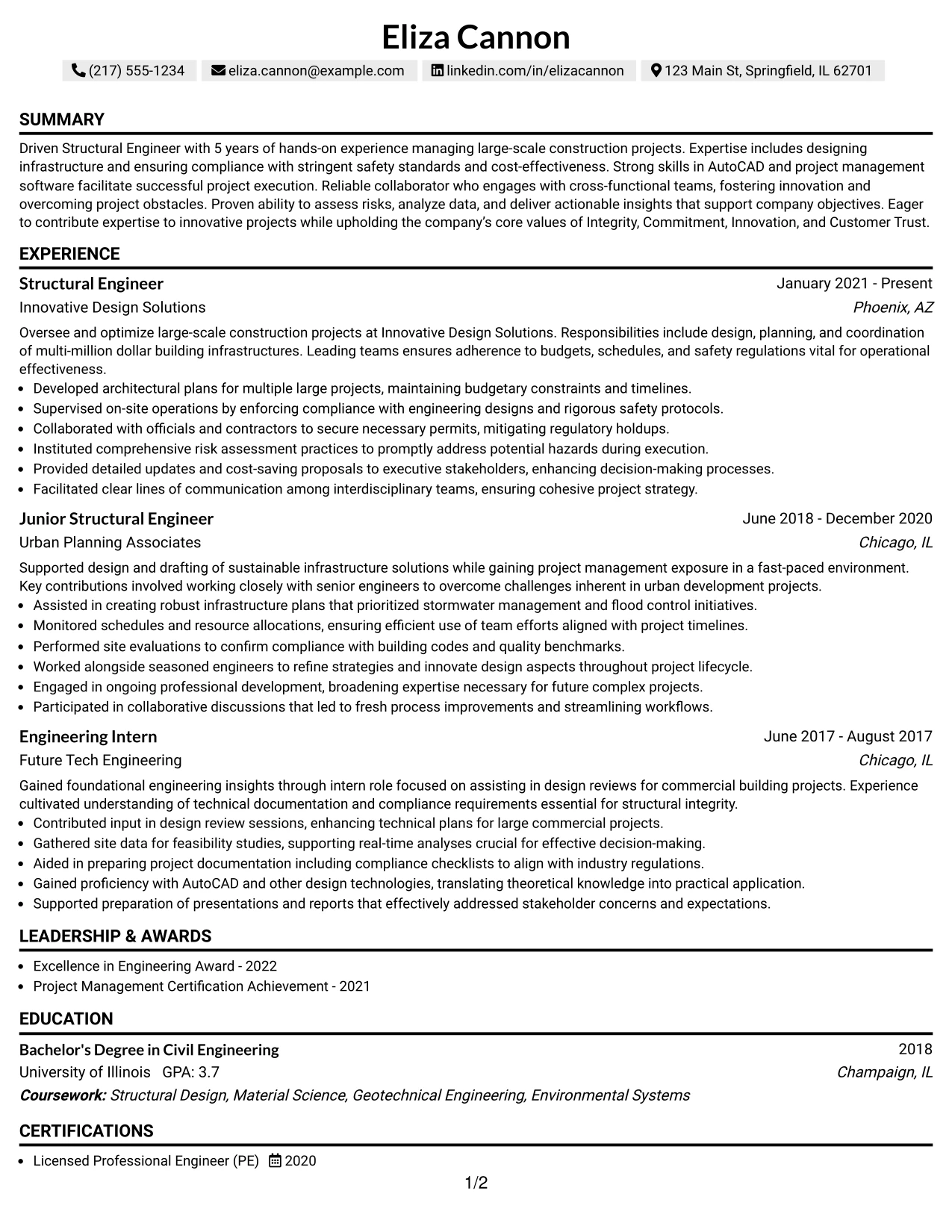 Resume Example Page 1