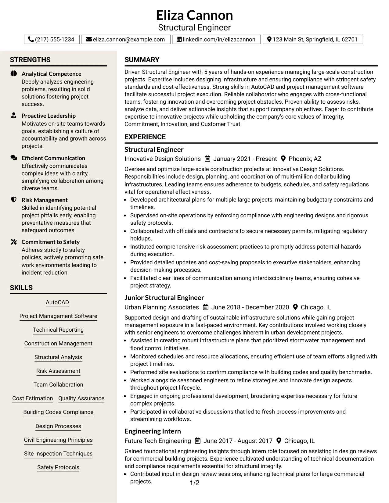 Resume Example Page 1
