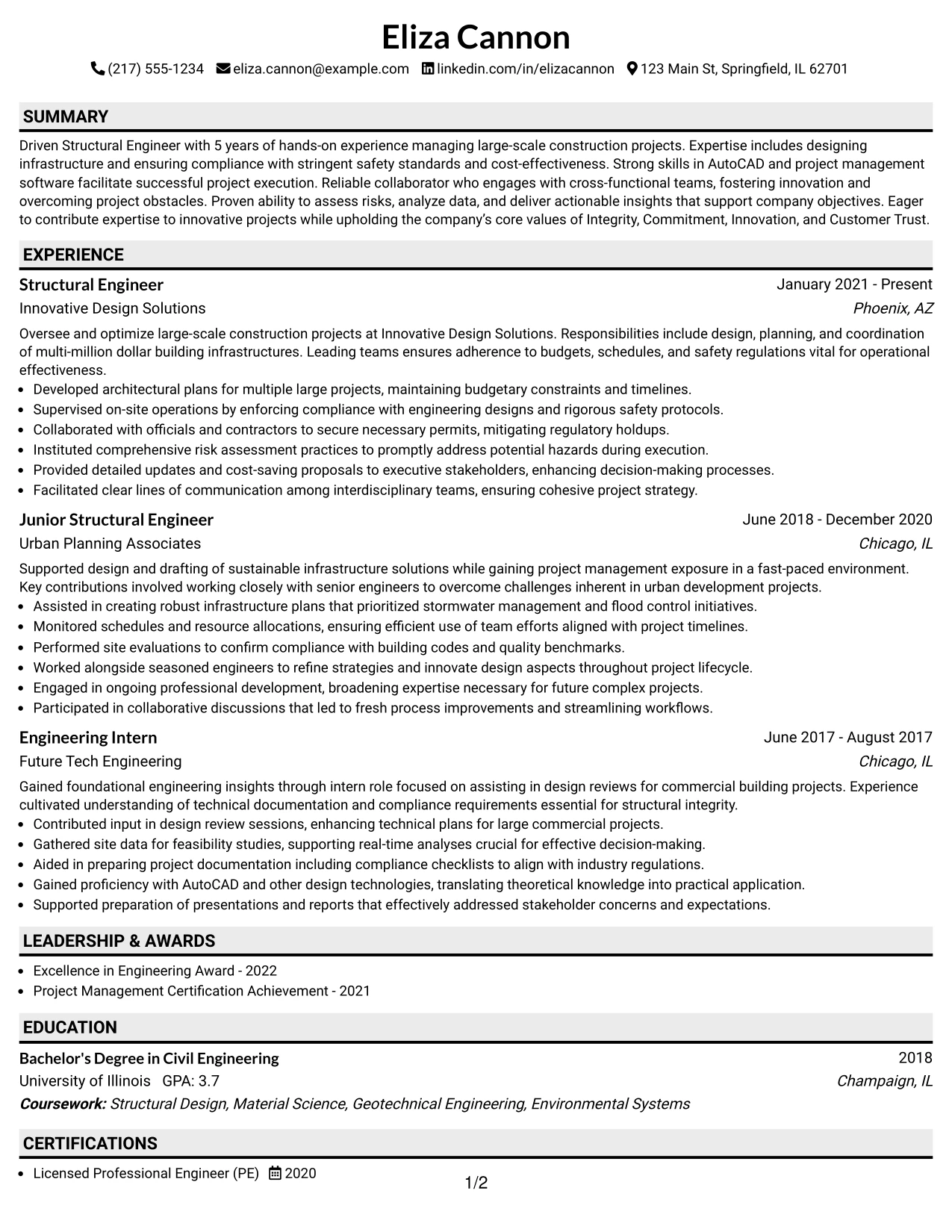 Resume Example Page 1