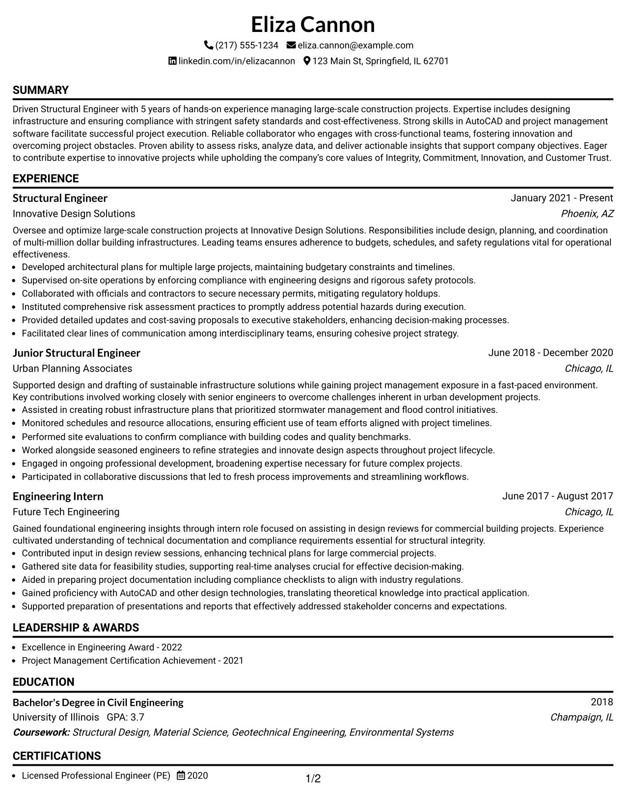 Resume Example Page 1