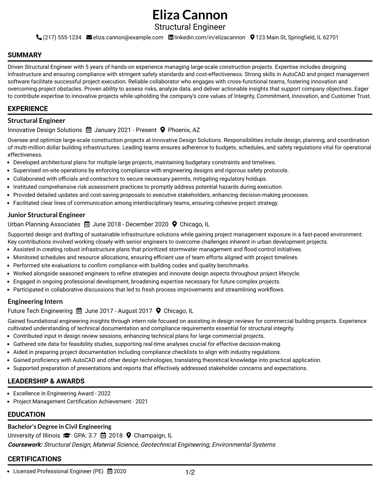 Resume Example Page 1