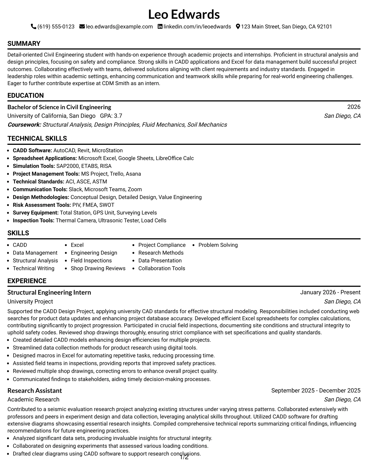 Resume Example Page 1