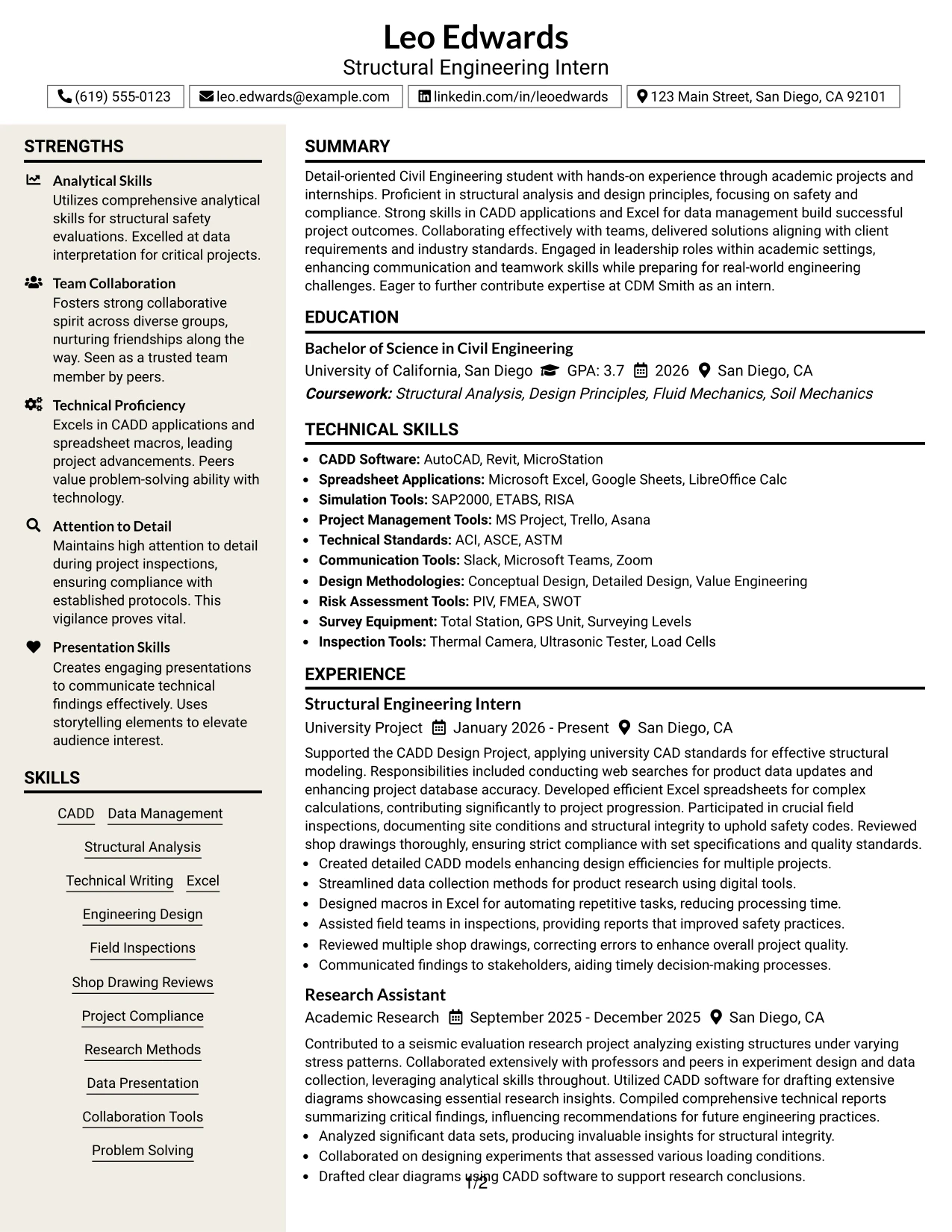 Resume Example Page 1