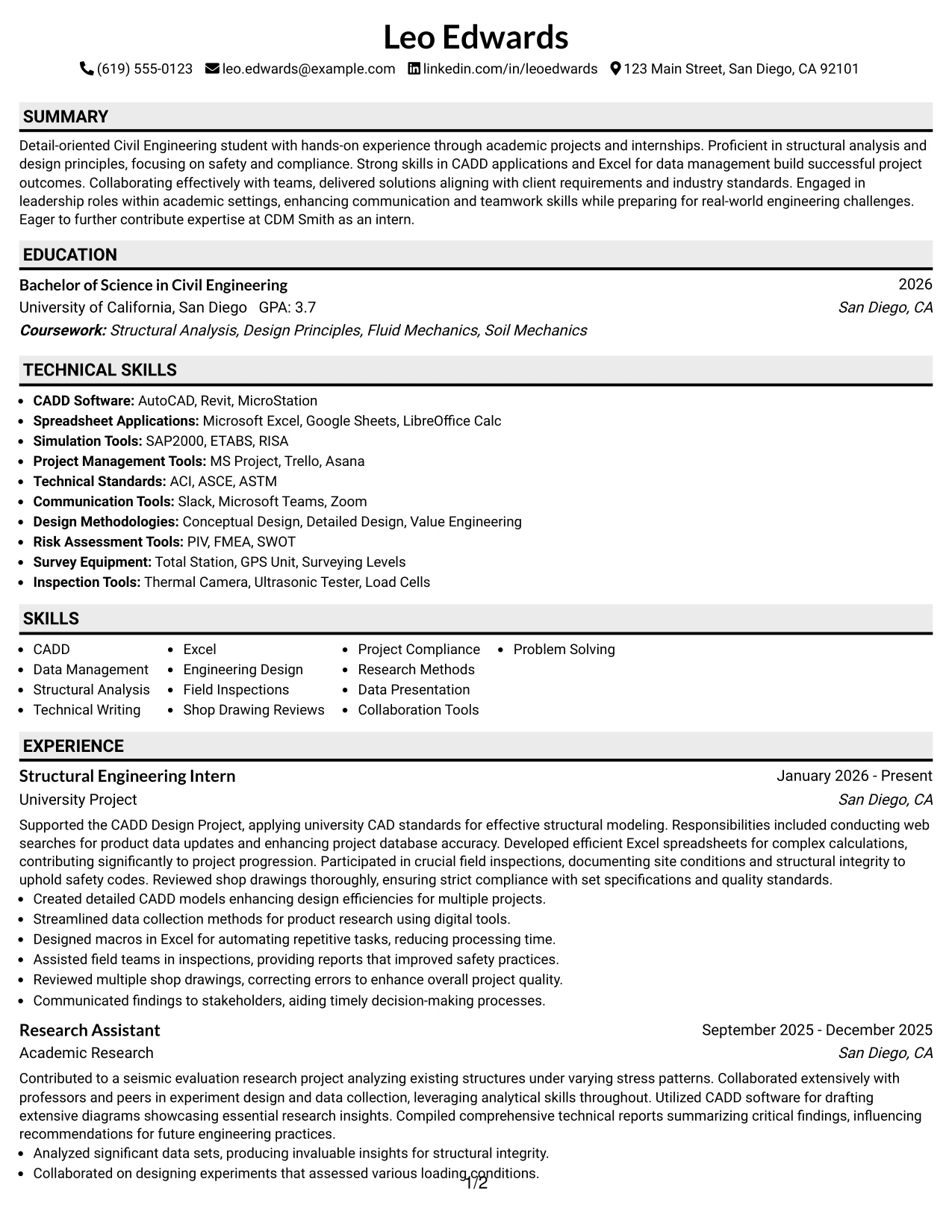 Resume Example Page 1