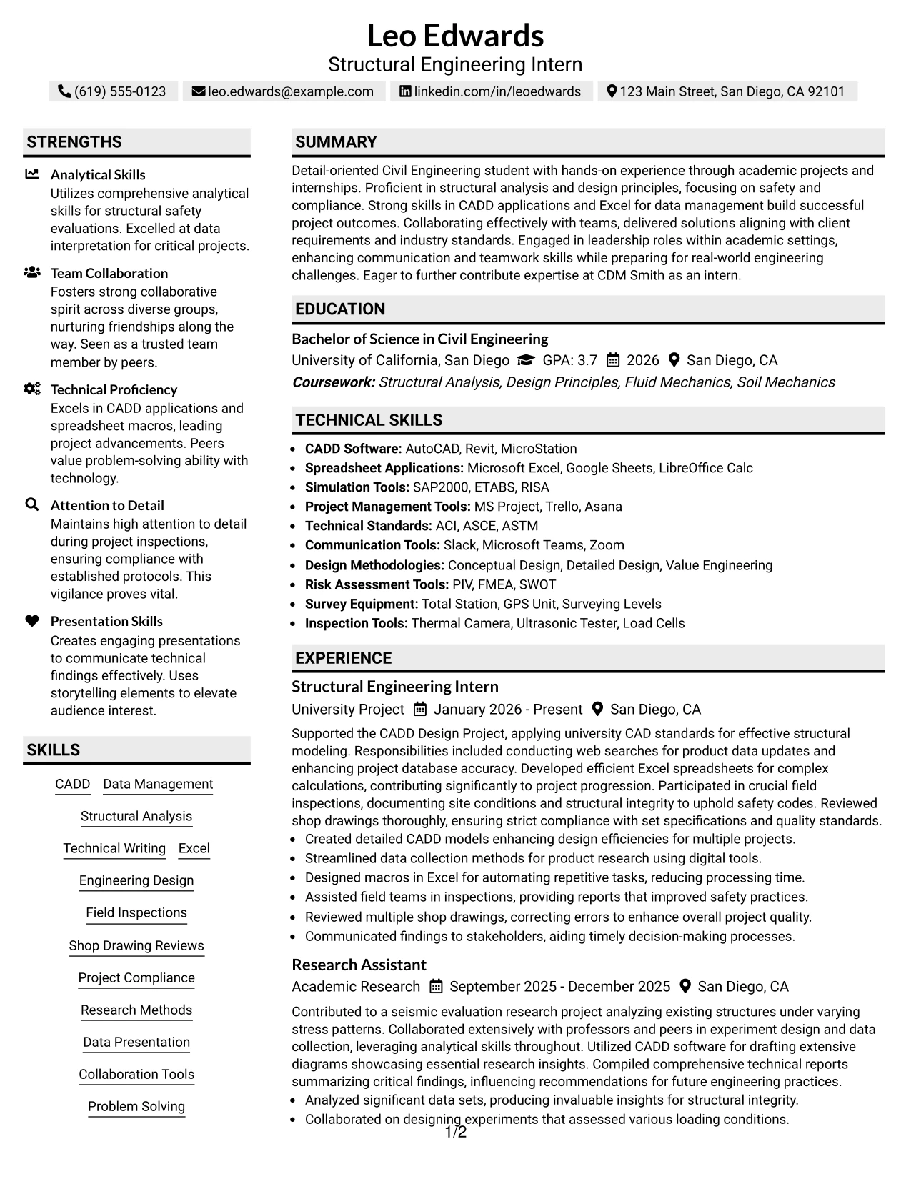 Resume Example Page 1