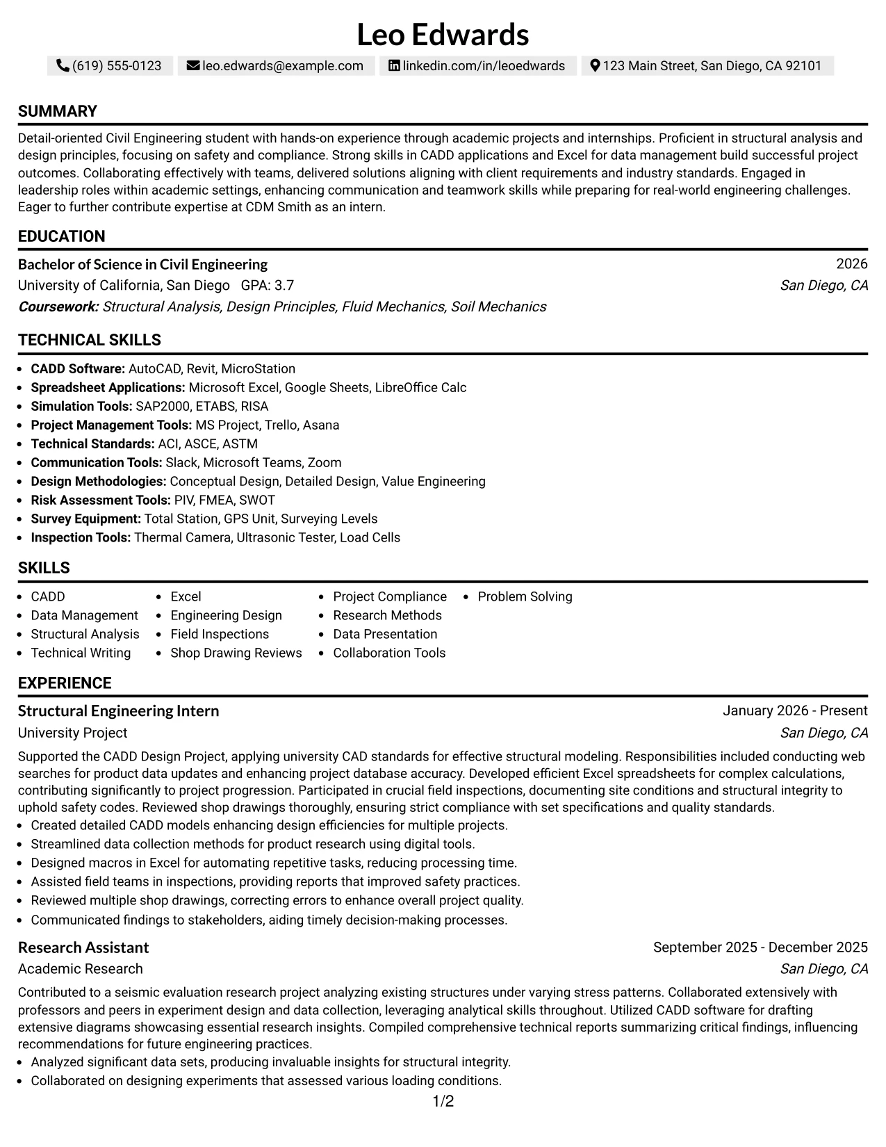 Resume Example Page 1