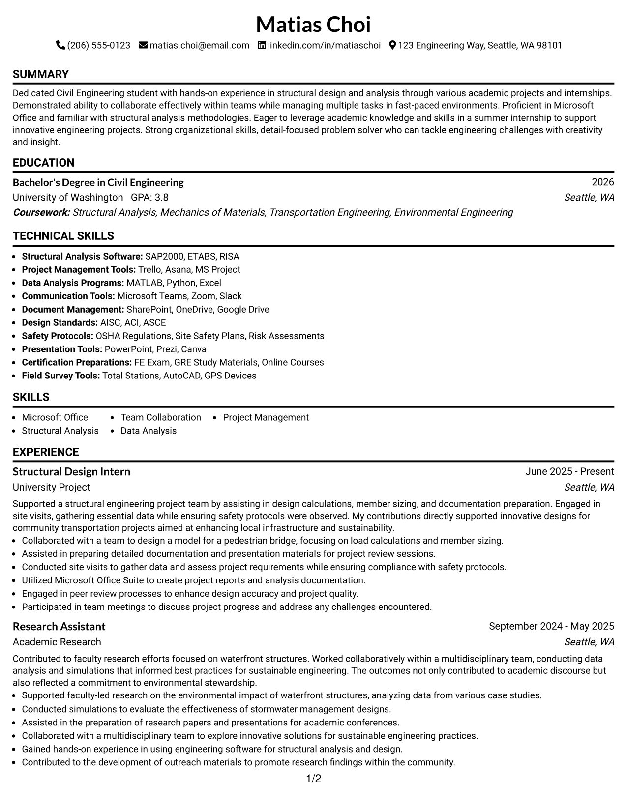 Resume Example Page 1
