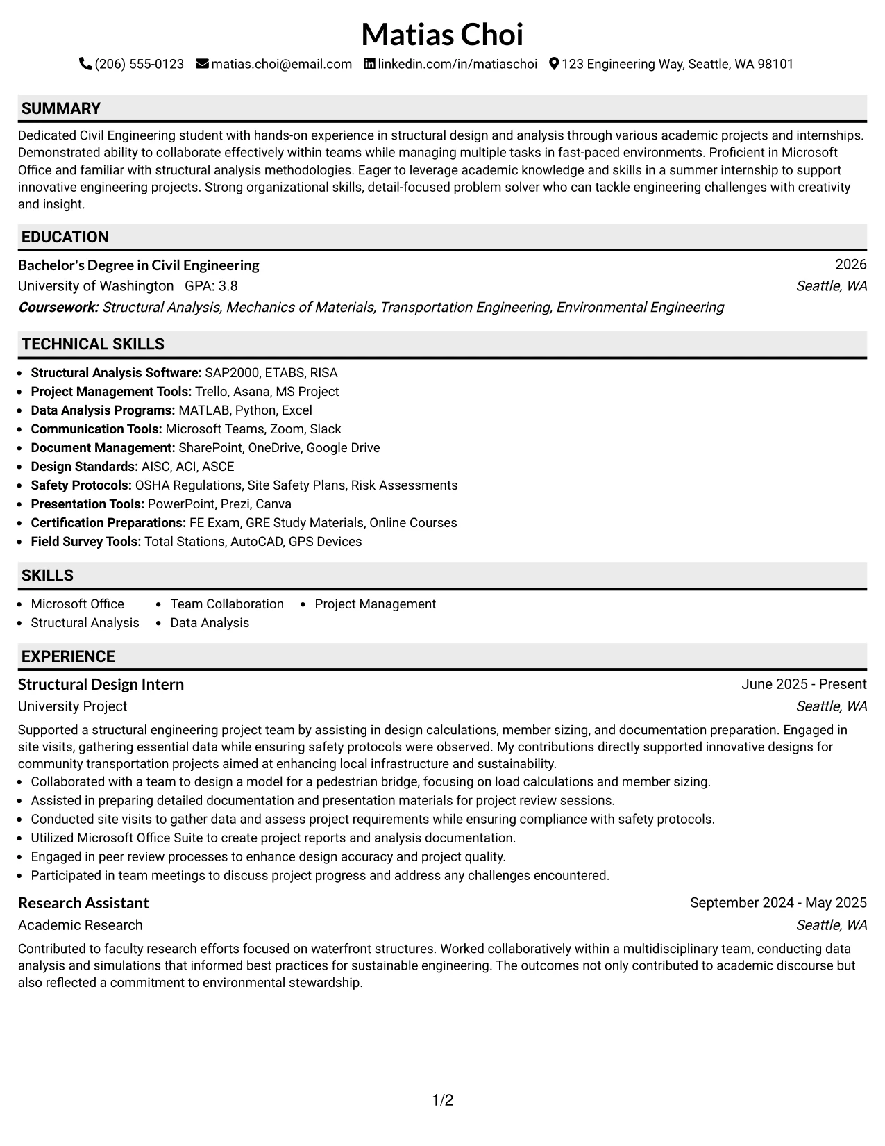 Resume Example Page 1