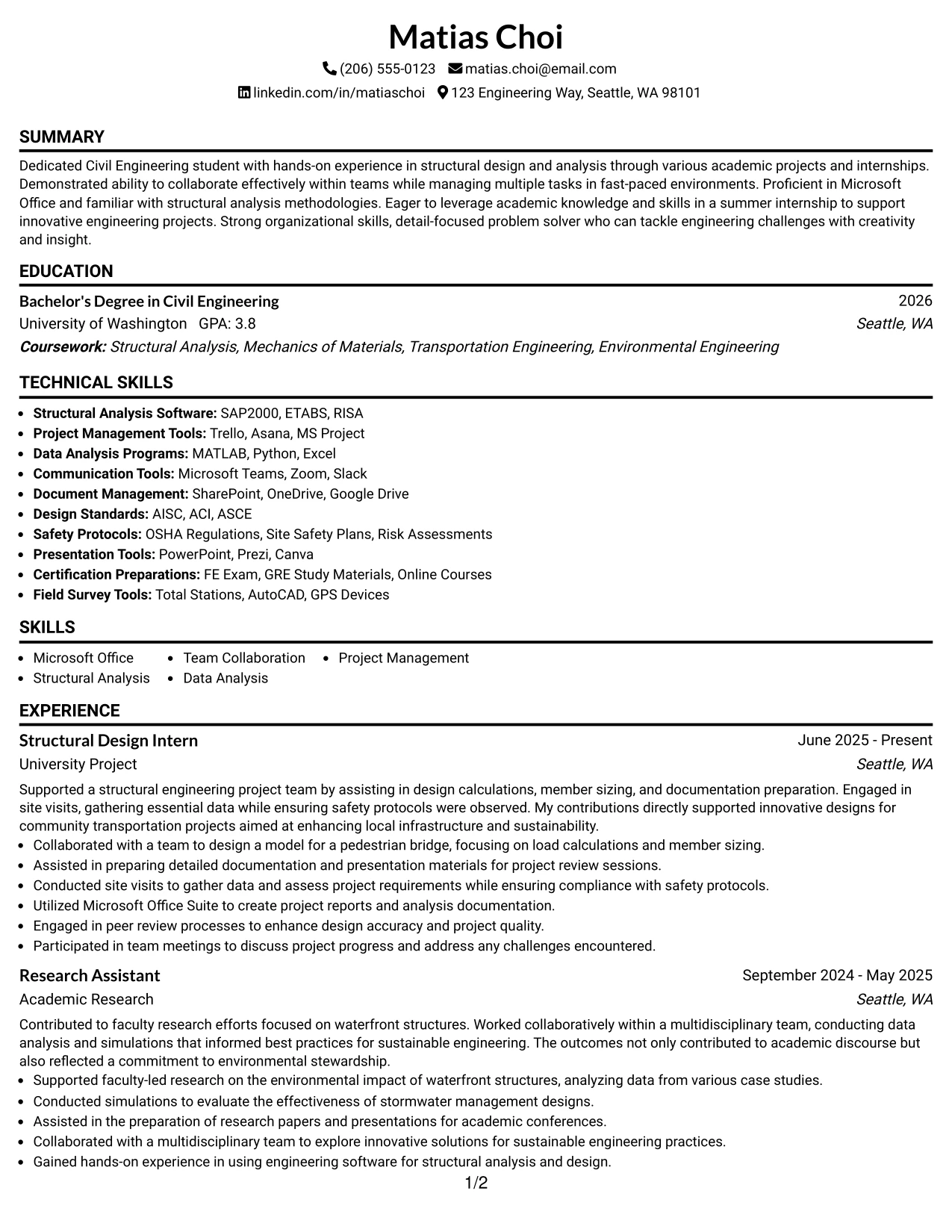 Resume Example Page 1