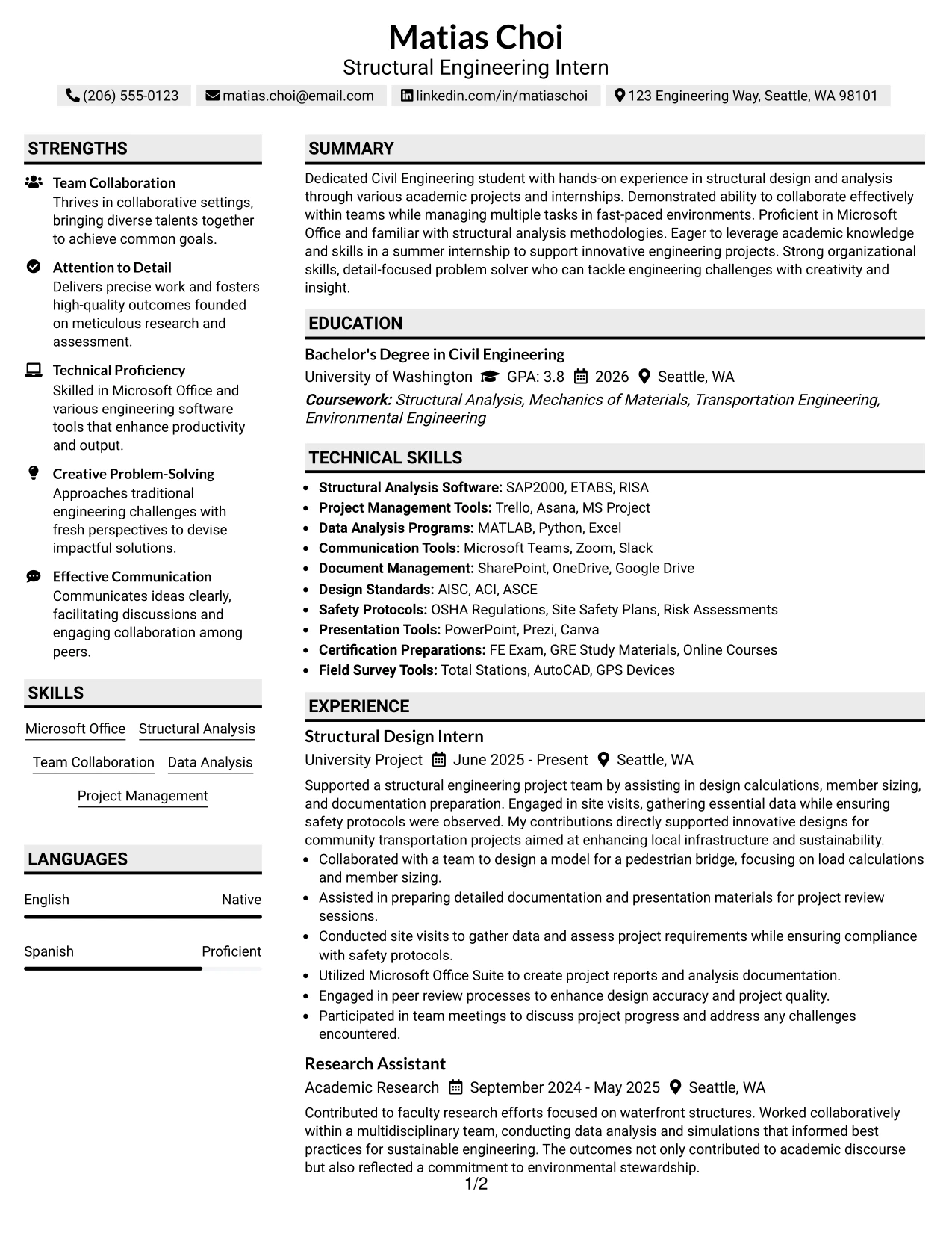 Resume Example Page 1