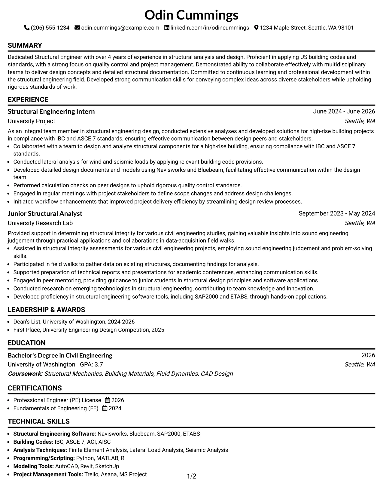 Resume Example Page 1