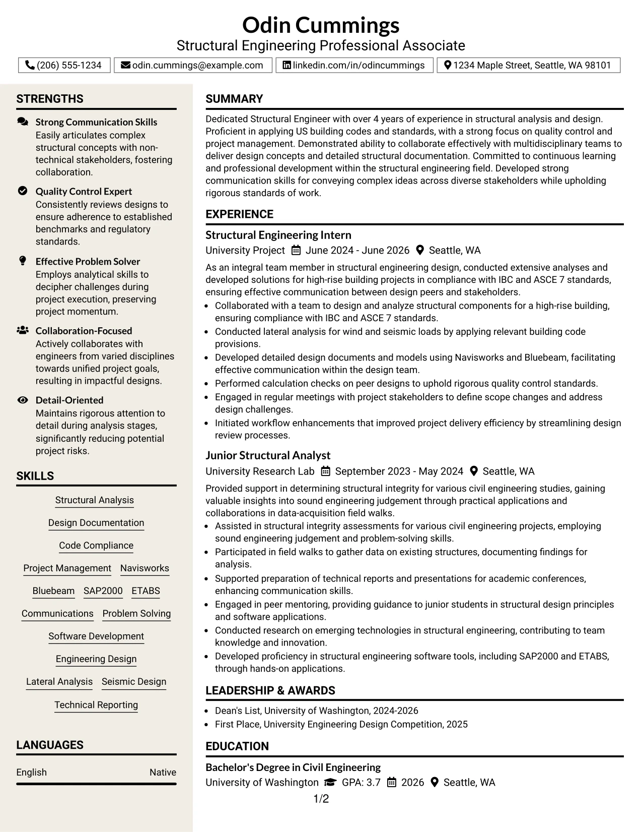 Resume Example Page 1