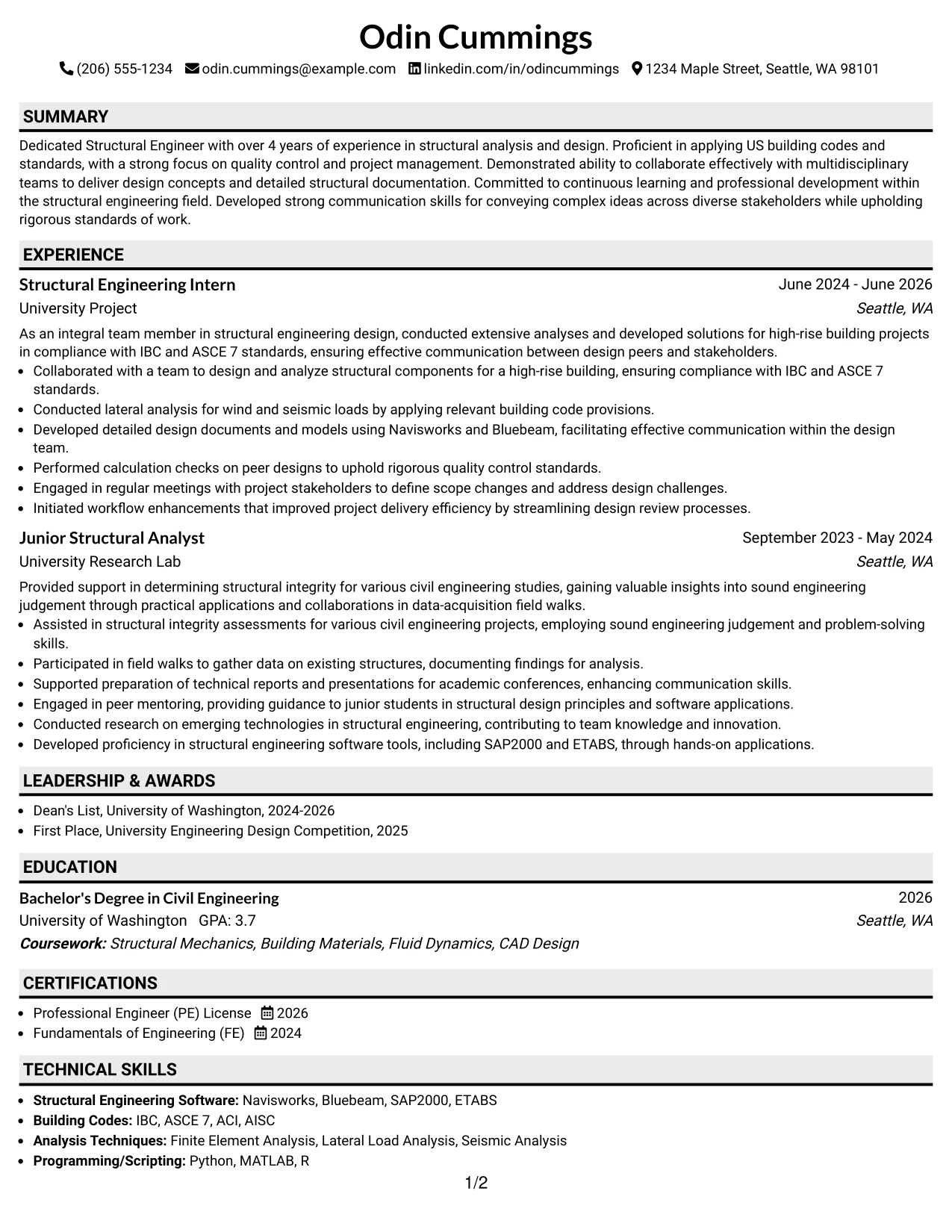 Resume Example Page 1
