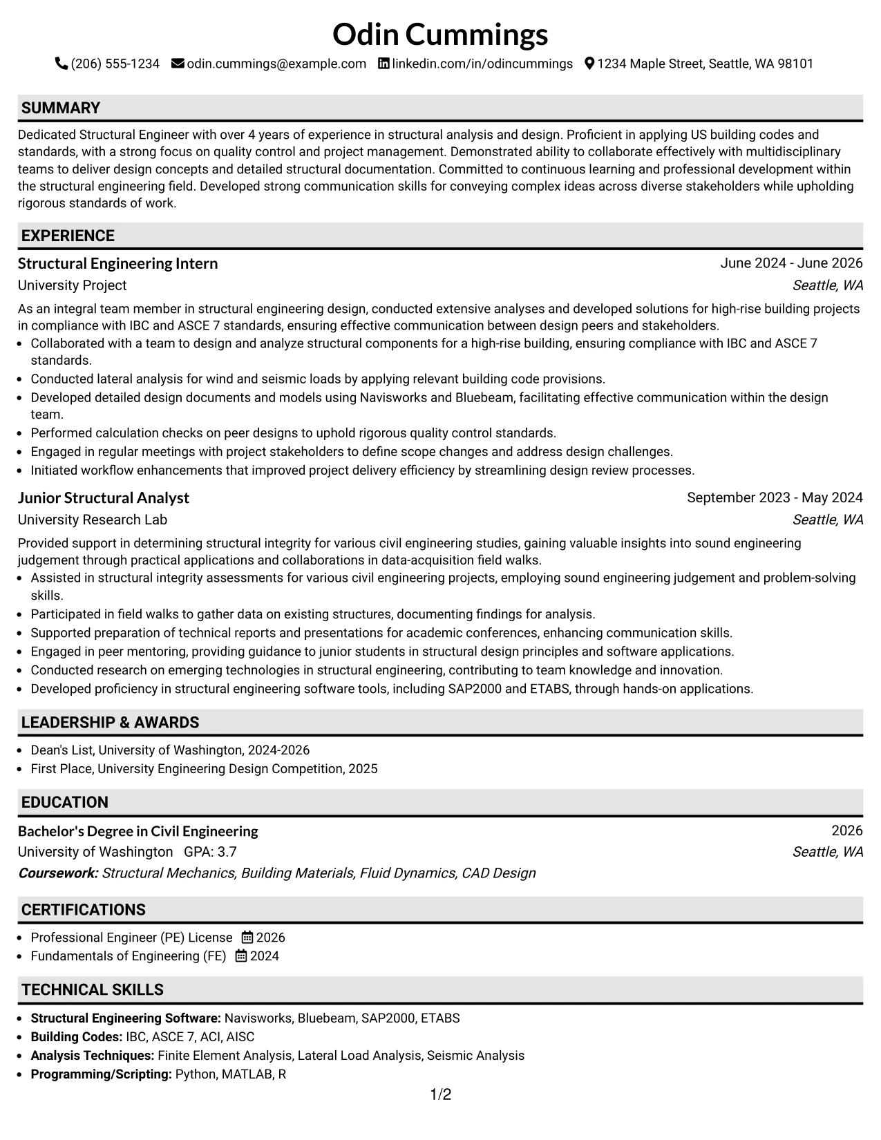 Resume Example Page 1