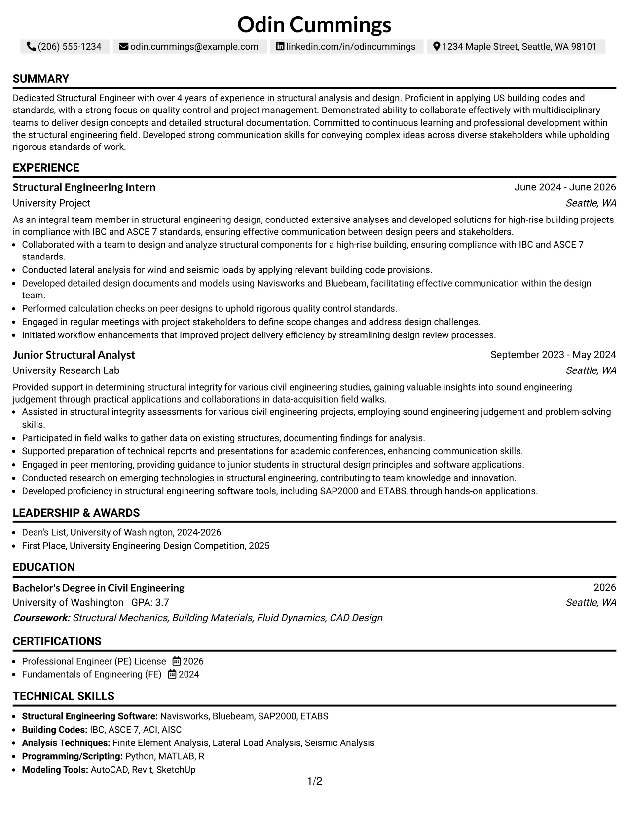 Resume Example Page 1