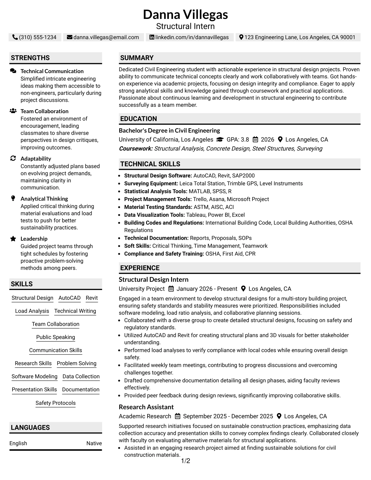 Resume Example Page 1