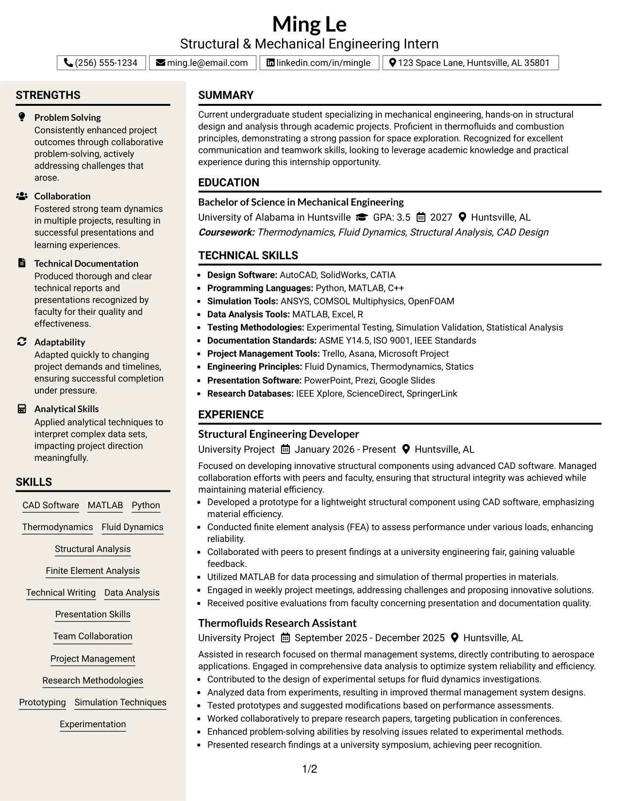 Resume Example Page 1