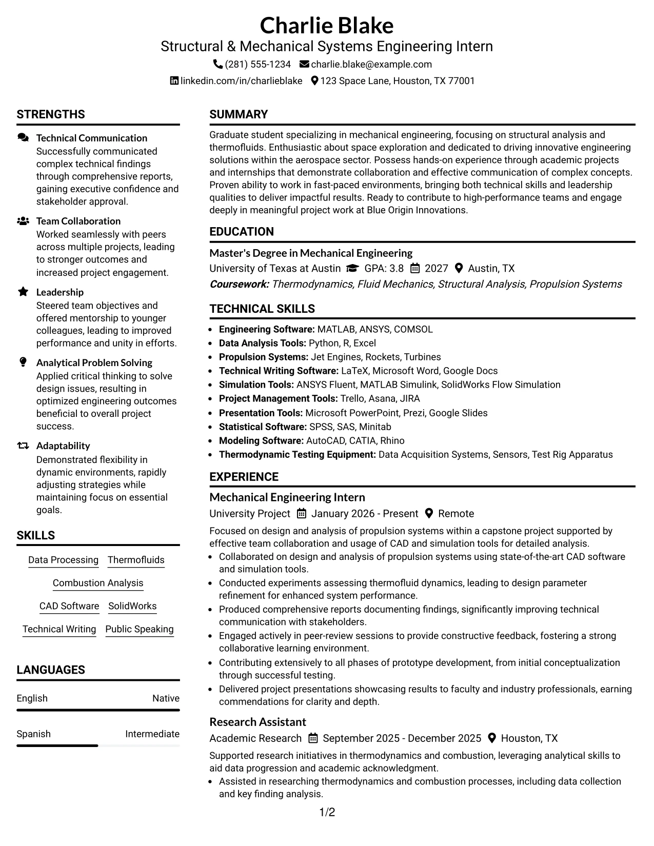 Resume Example Page 1