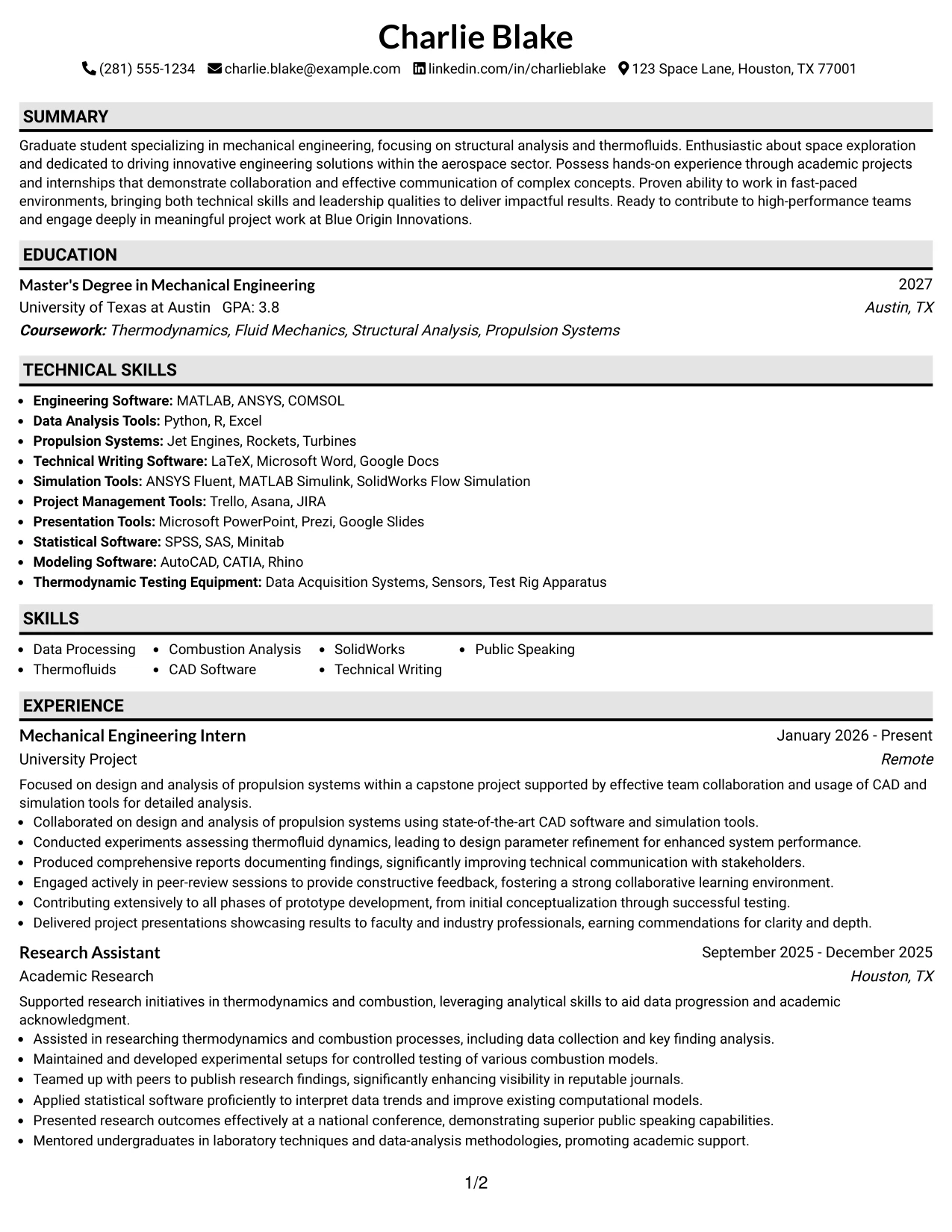 Resume Example Page 1